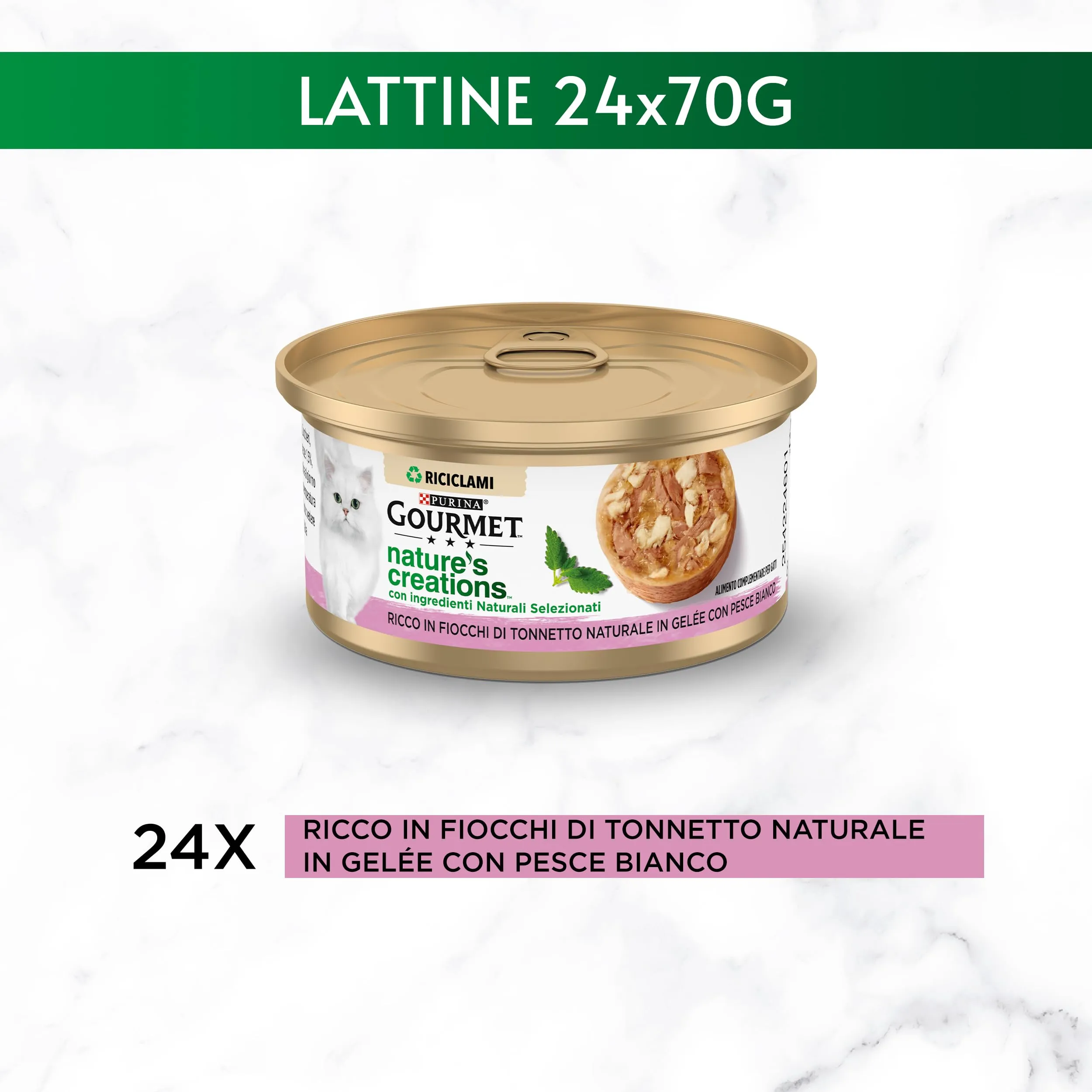 Gourmet Nature's Creations Cibo Umido per Gatti Adulti Fiocchi di Tonnetto Naturale e Pesce Bianco in Gelée, 24 x 70g - immagine 3