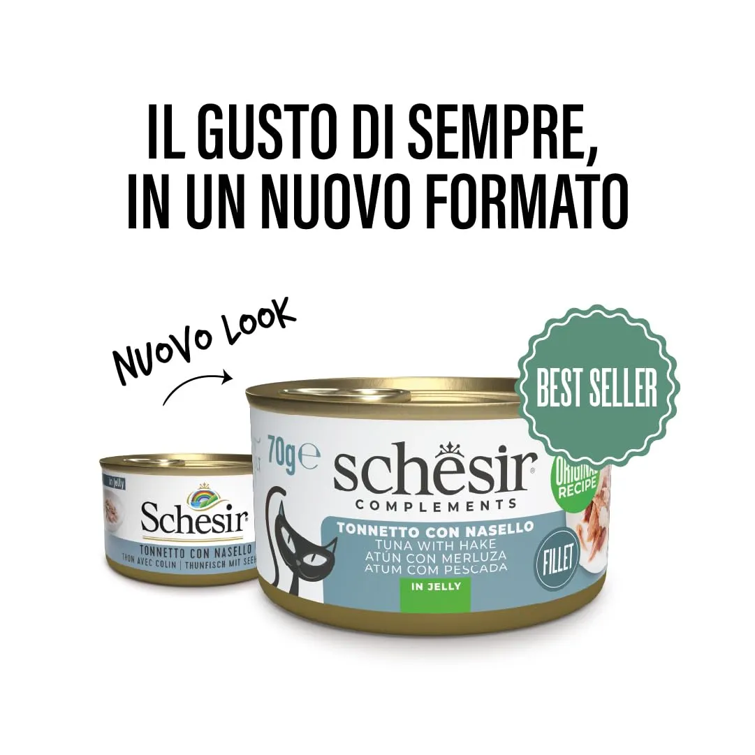 Schesir Filetti di Tonno con Nasello in Gelatina, Cibo Umido Complementare per Gatti, 12 lattine da 70g - immagine 2