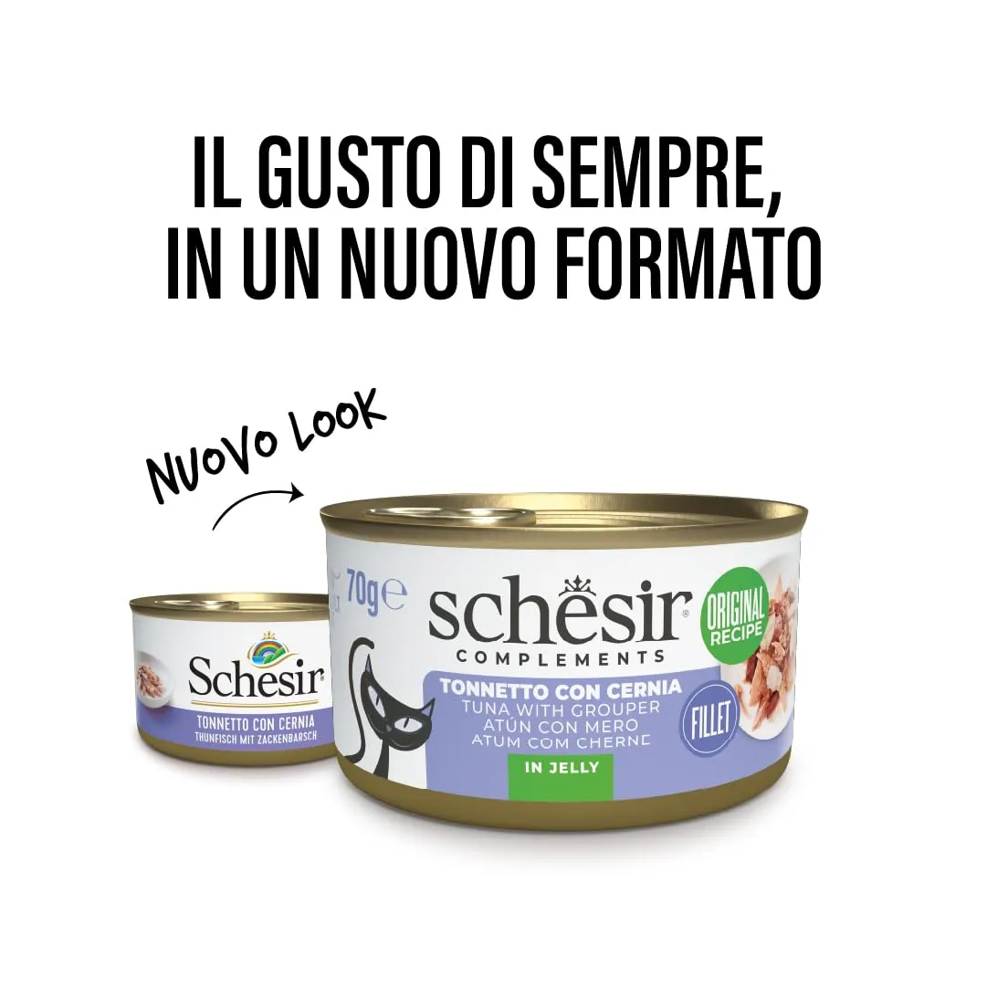 Schesir Filetti di Tonno con Cernia in Gelatina, Cibo Umido Complementare per Gatti, 12 x 70g - immagine 2
