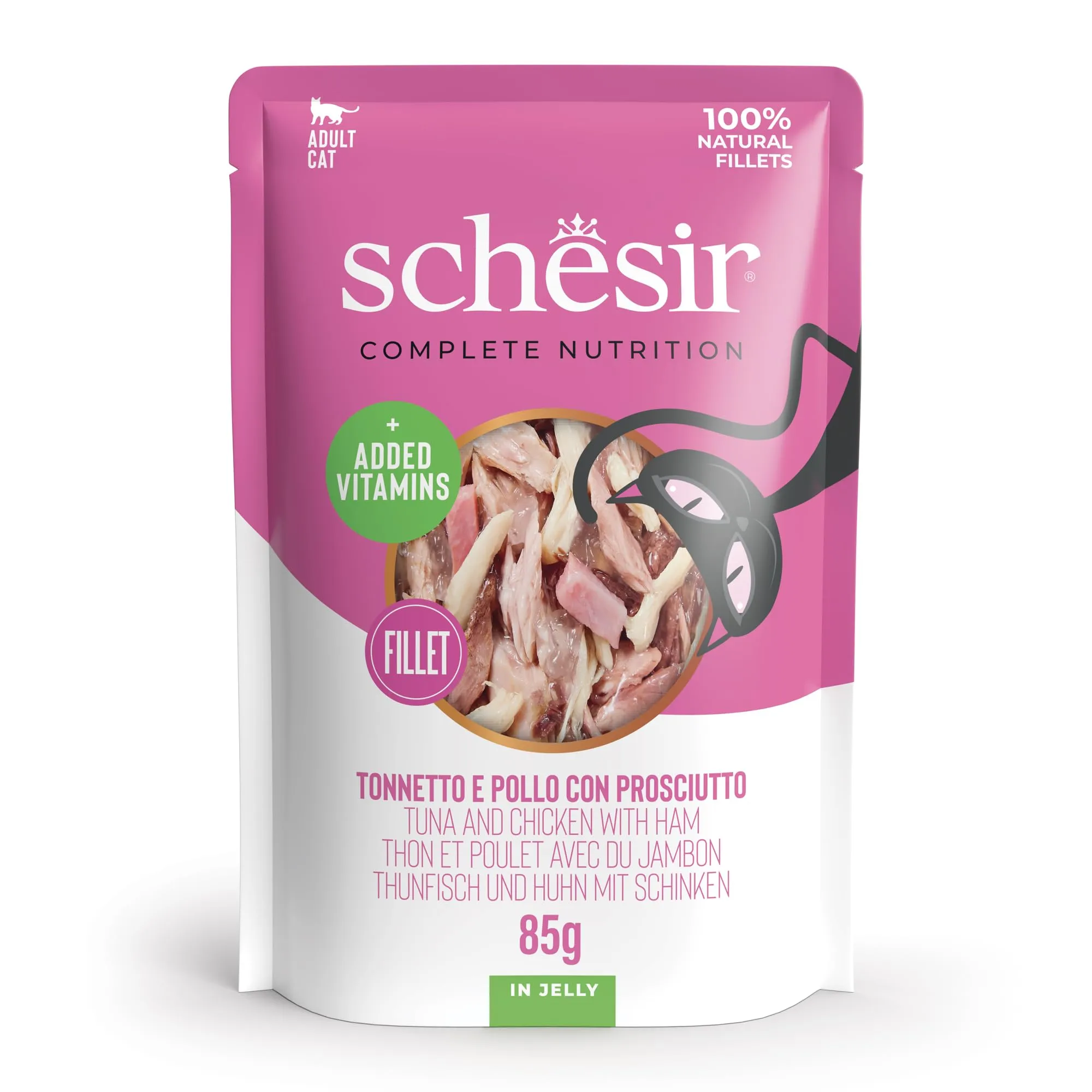 Schesir Tonnetto e Pollo con Prosciutto in Gelatina, Alimento Umido Completo per Gatti, 12 x 85g - immagine 1