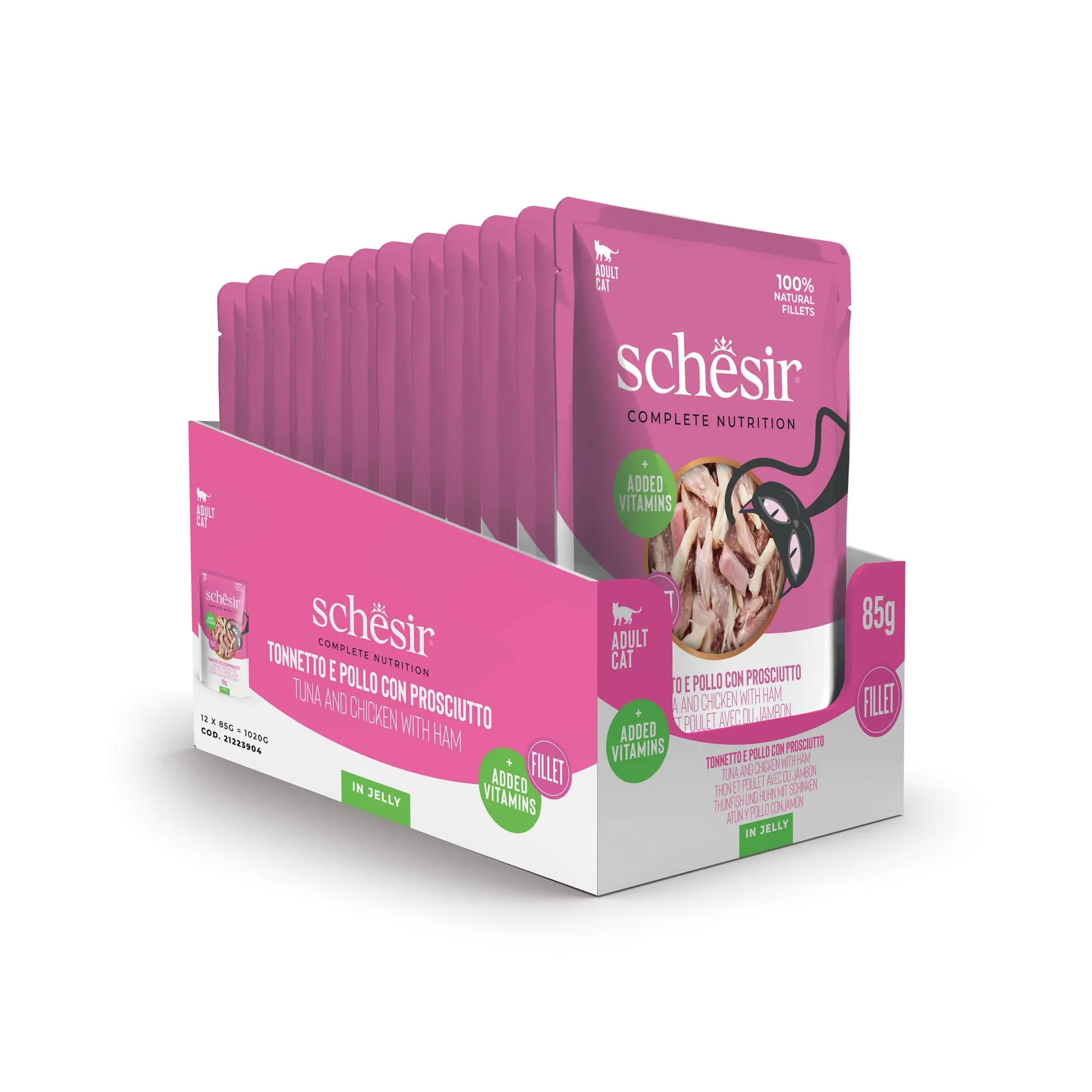 Schesir Tonnetto e Pollo con Prosciutto in Gelatina, Alimento Umido Completo per Gatti, 12 x 85g - immagine 2