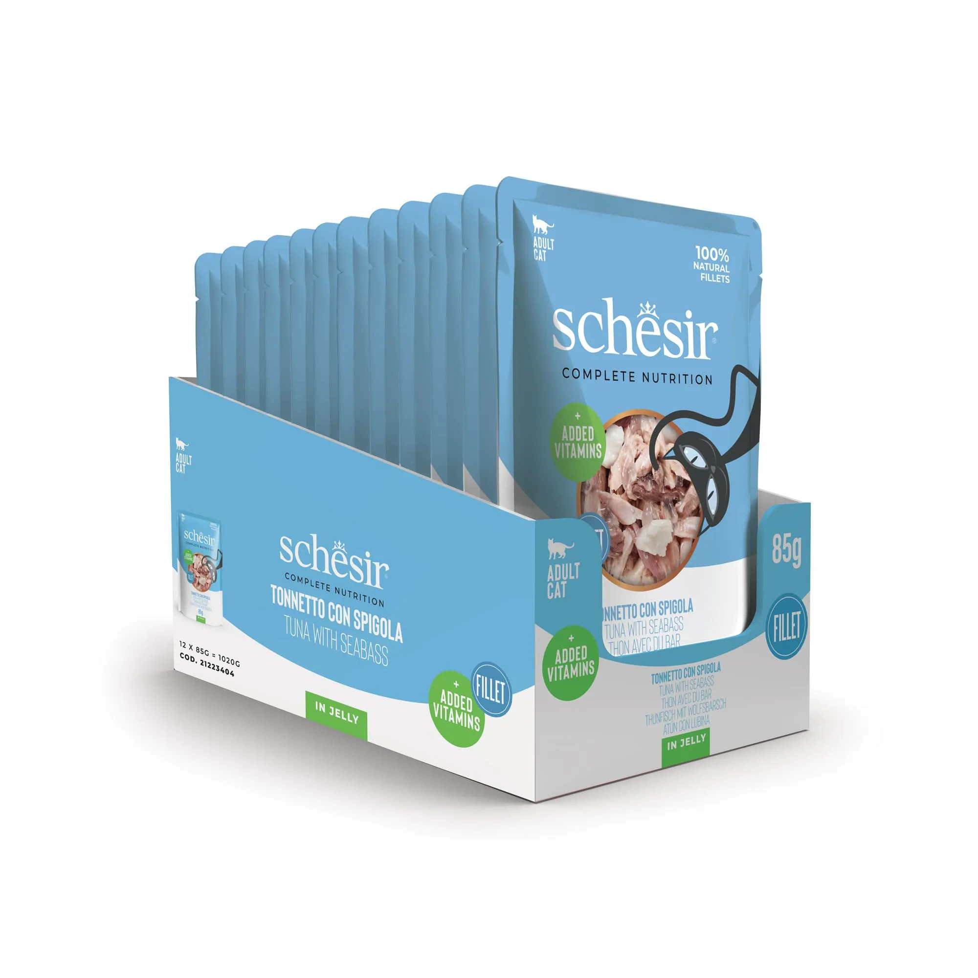 Schesir Tonnetto con Spigola in Gelatina, Alimento Umido Completo per Gatti, 12 x 85g - immagine 1