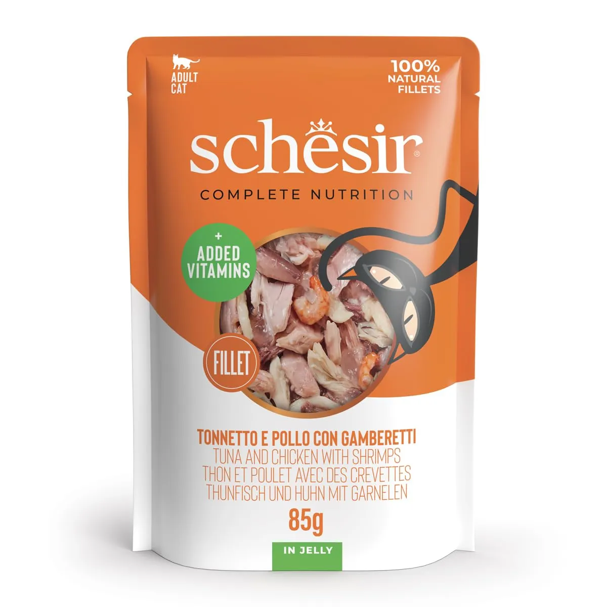 Schesir Tonnetto e Pollo con Gamberetti in Gelatina, Alimento Umido Completo per Gatti, 12 x 85g - immagine 1