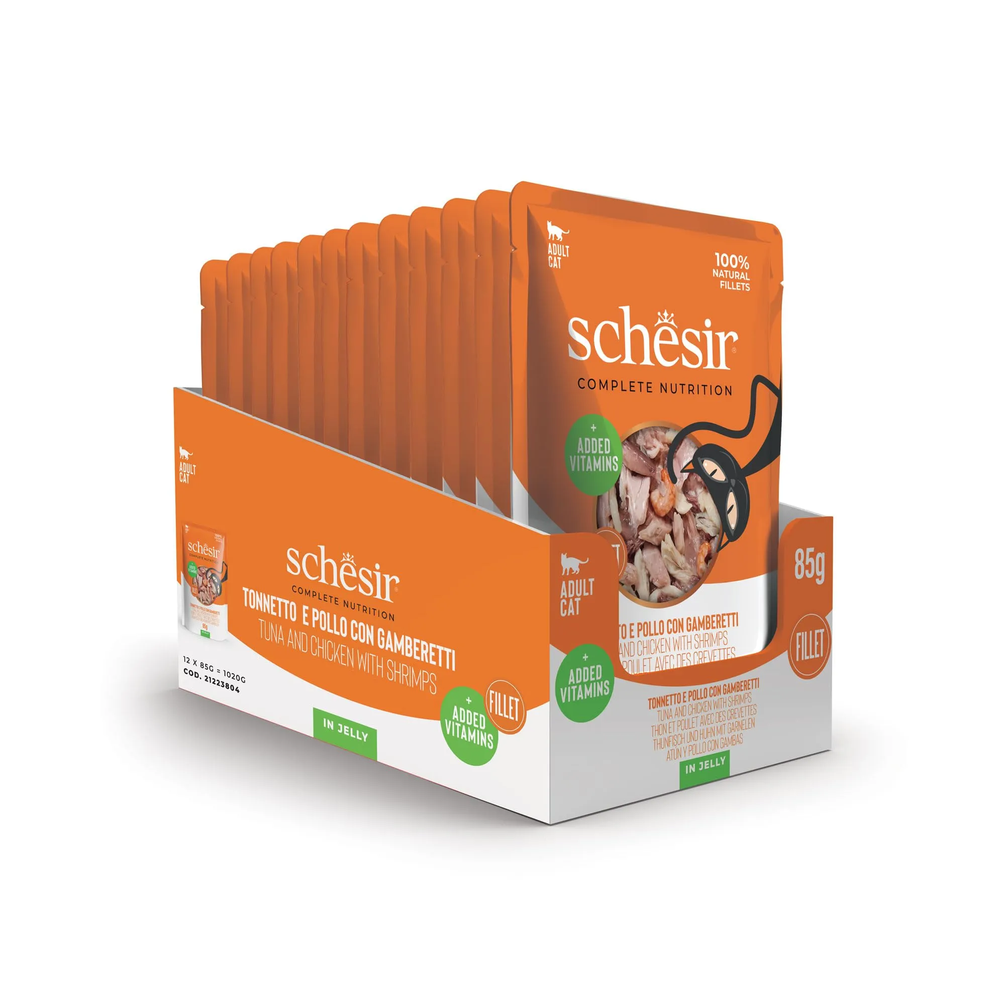 Schesir Tonnetto e Pollo con Gamberetti in Gelatina, Alimento Umido Completo per Gatti, 12 x 85g - immagine 2