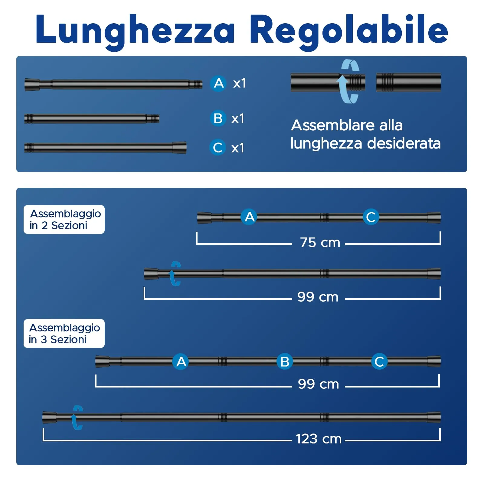 BSYXLSX Bastoni per Tende a Pressione, 75-123 cm, Ø 22 mm, Nero - immagine 2