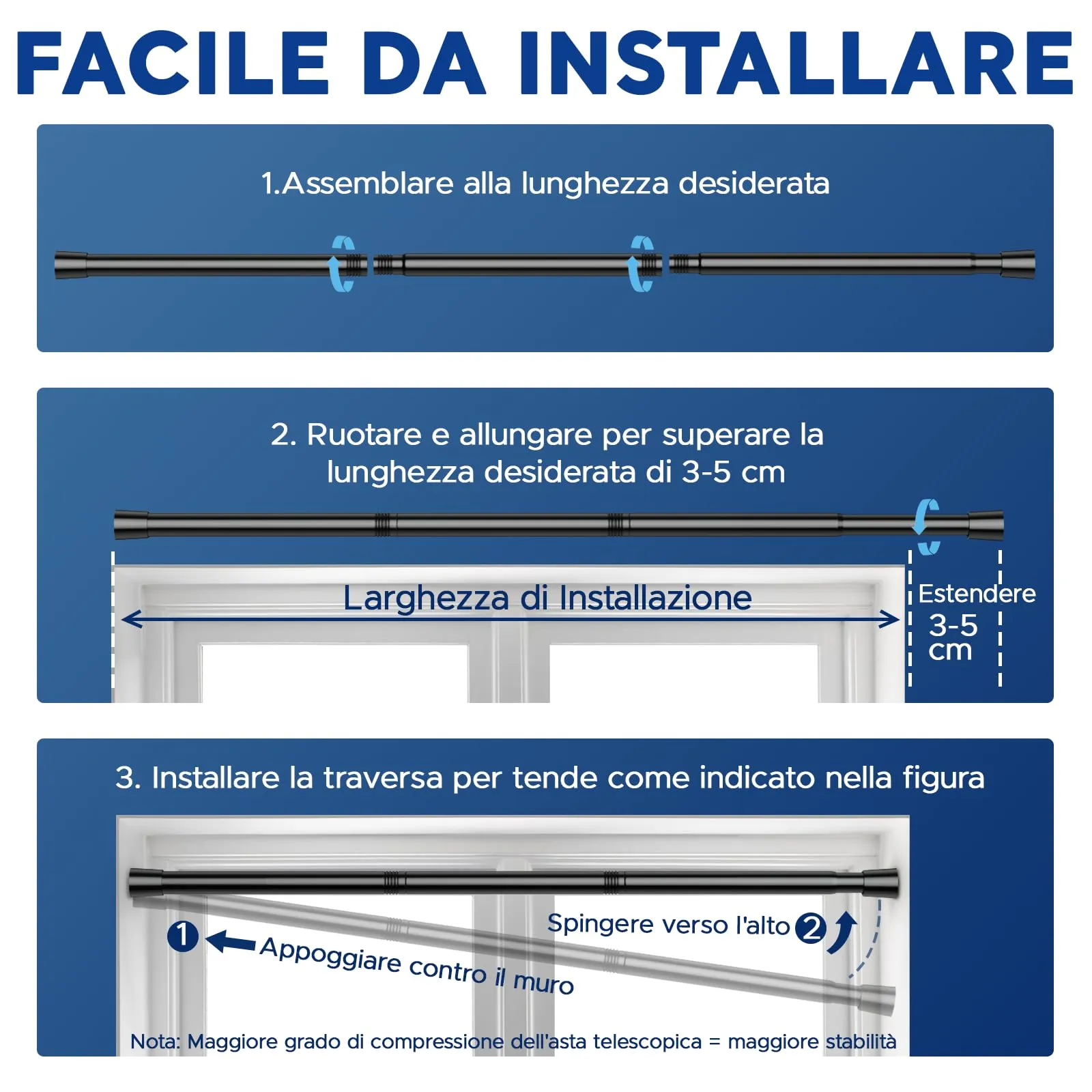 BSYXLSX Bastoni per Tende a Pressione, 75-123 cm, Ø 22 mm, Nero - immagine 4