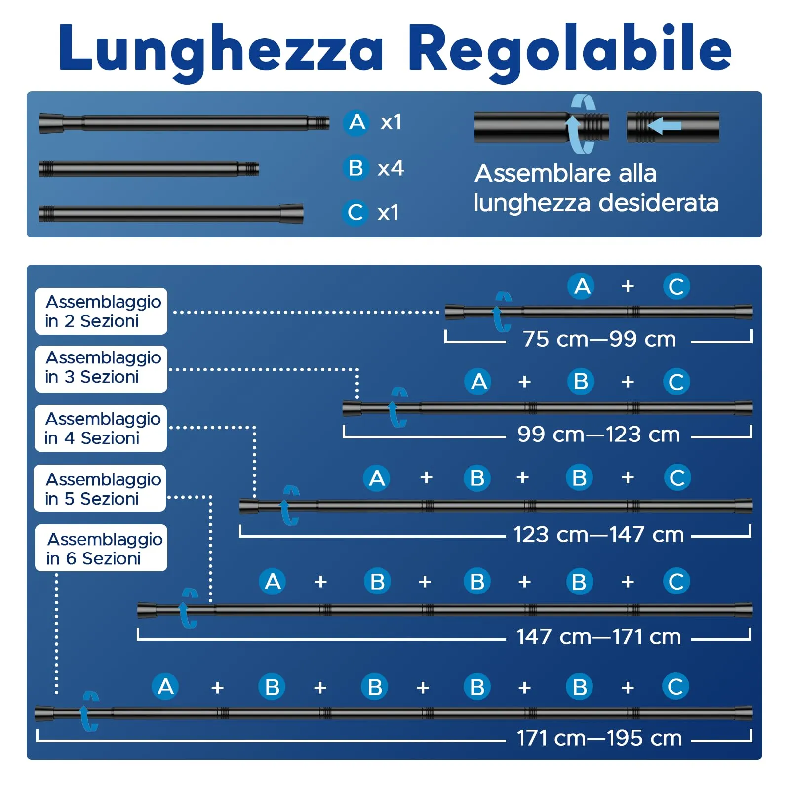 BSYXLSX Bastoni per Tende a Pressione, 75-195 cm, Ø 22 mm, Nero - immagine 2
