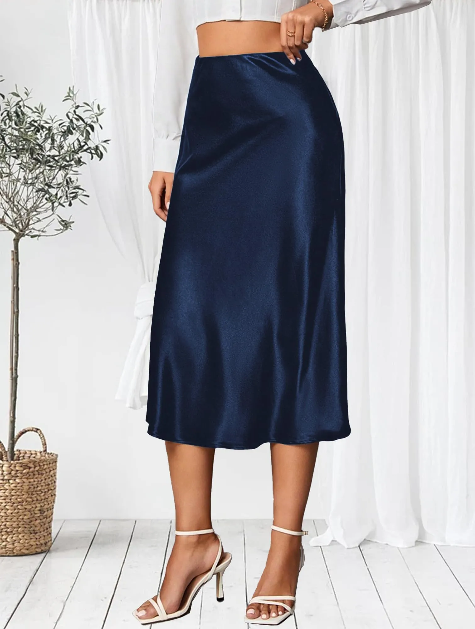Koerye Gonna Midi Satinata Vita Alta A-Line per Donna - immagine 2
