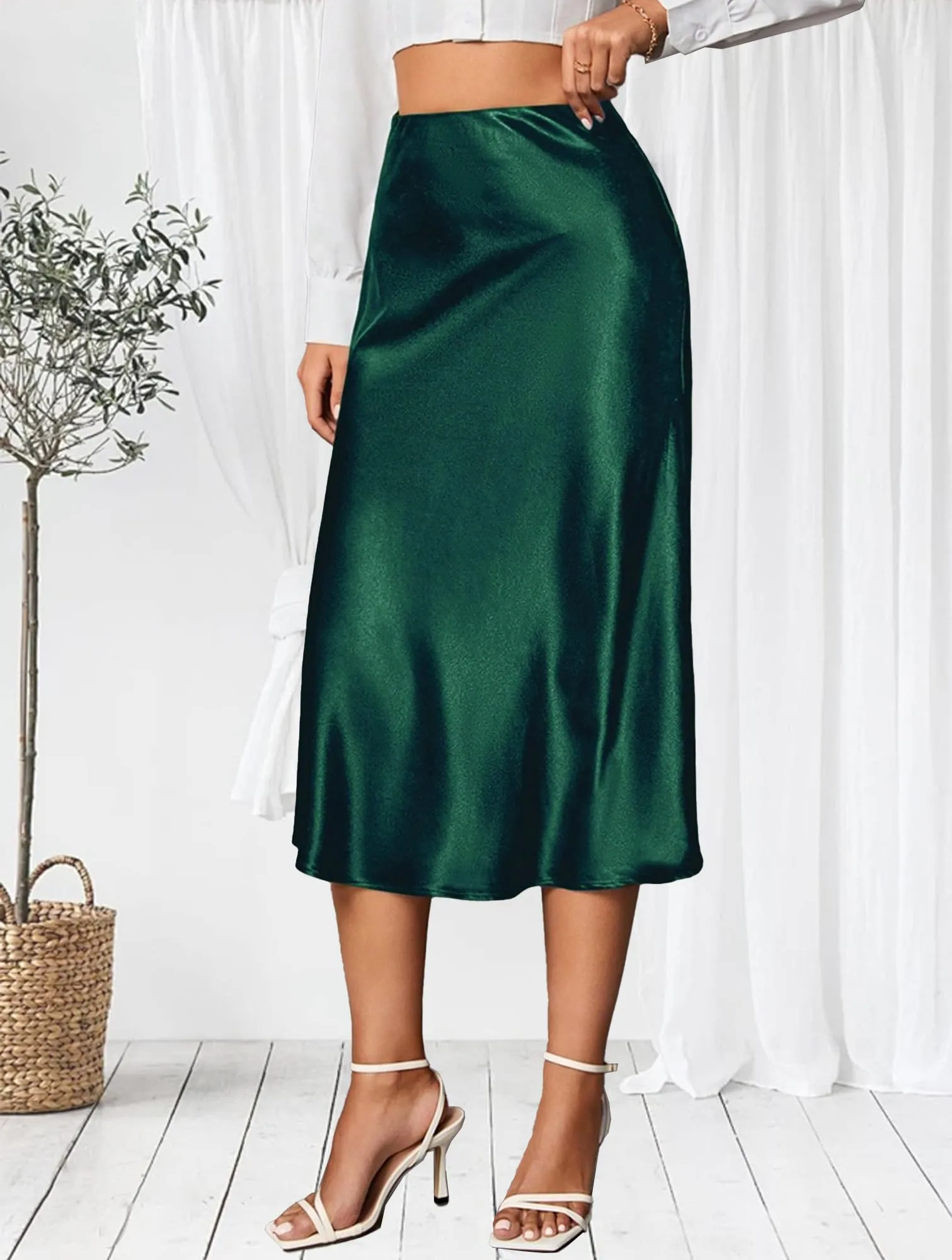 Koerye Gonna Lunga in Raso per Donna, Vita Alta, Elastica, Verde, XL - immagine 2