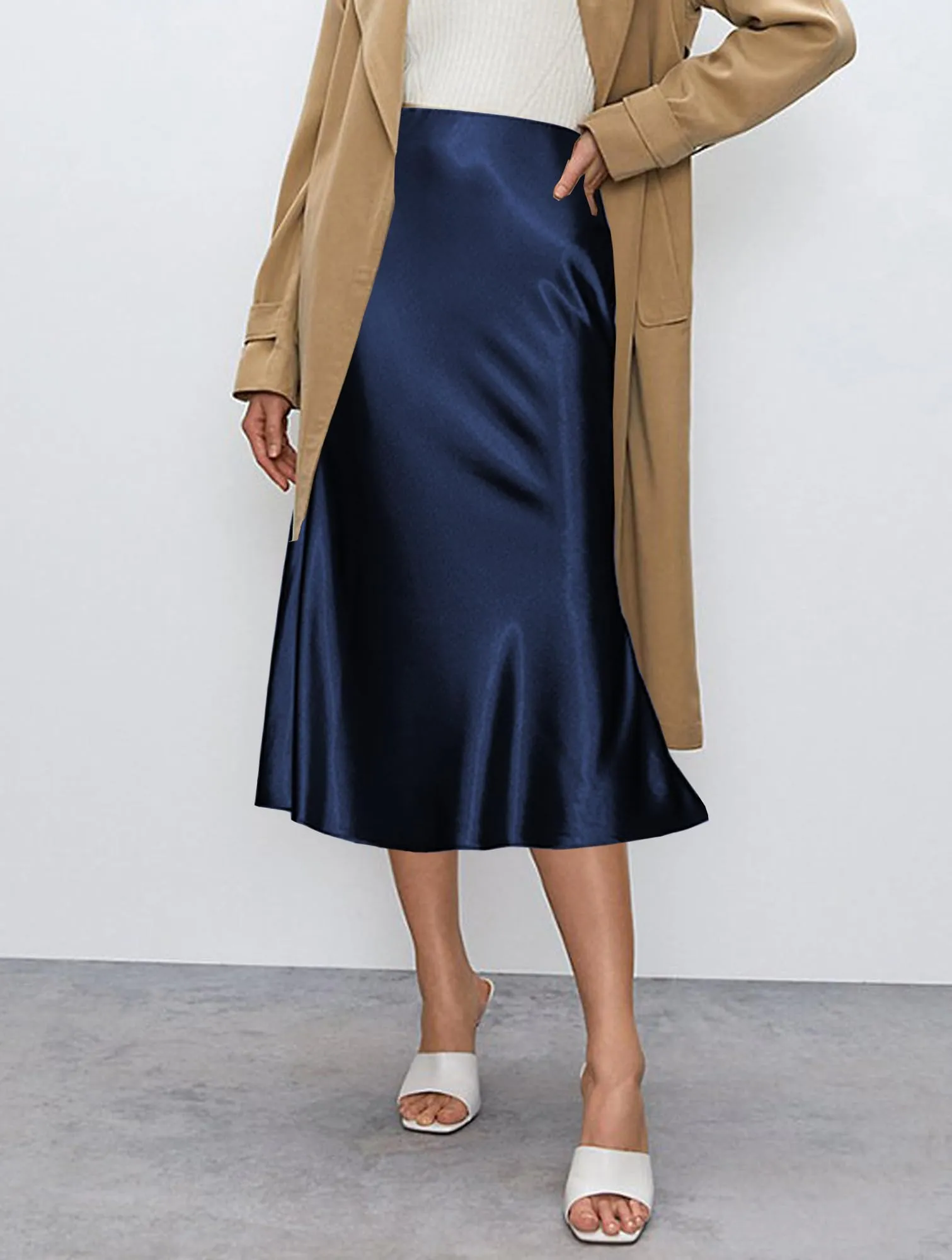 Koerye Gonna Midi Satinata Vita Alta A-Line per Donna - immagine 3