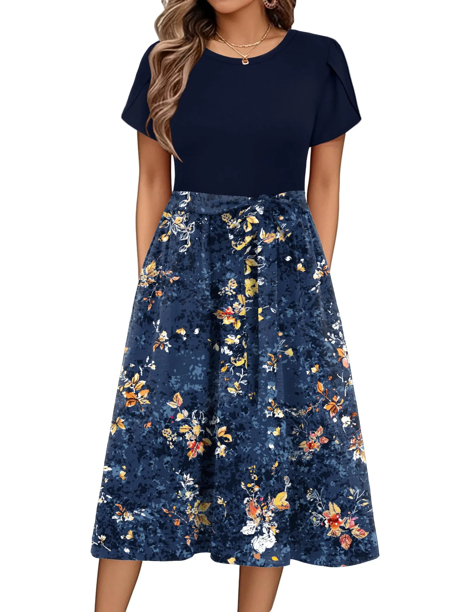Zeagoo Abito Midi Estivo da Donna a Fiori con Scollo Rotondo e Maniche Corte - immagine 1