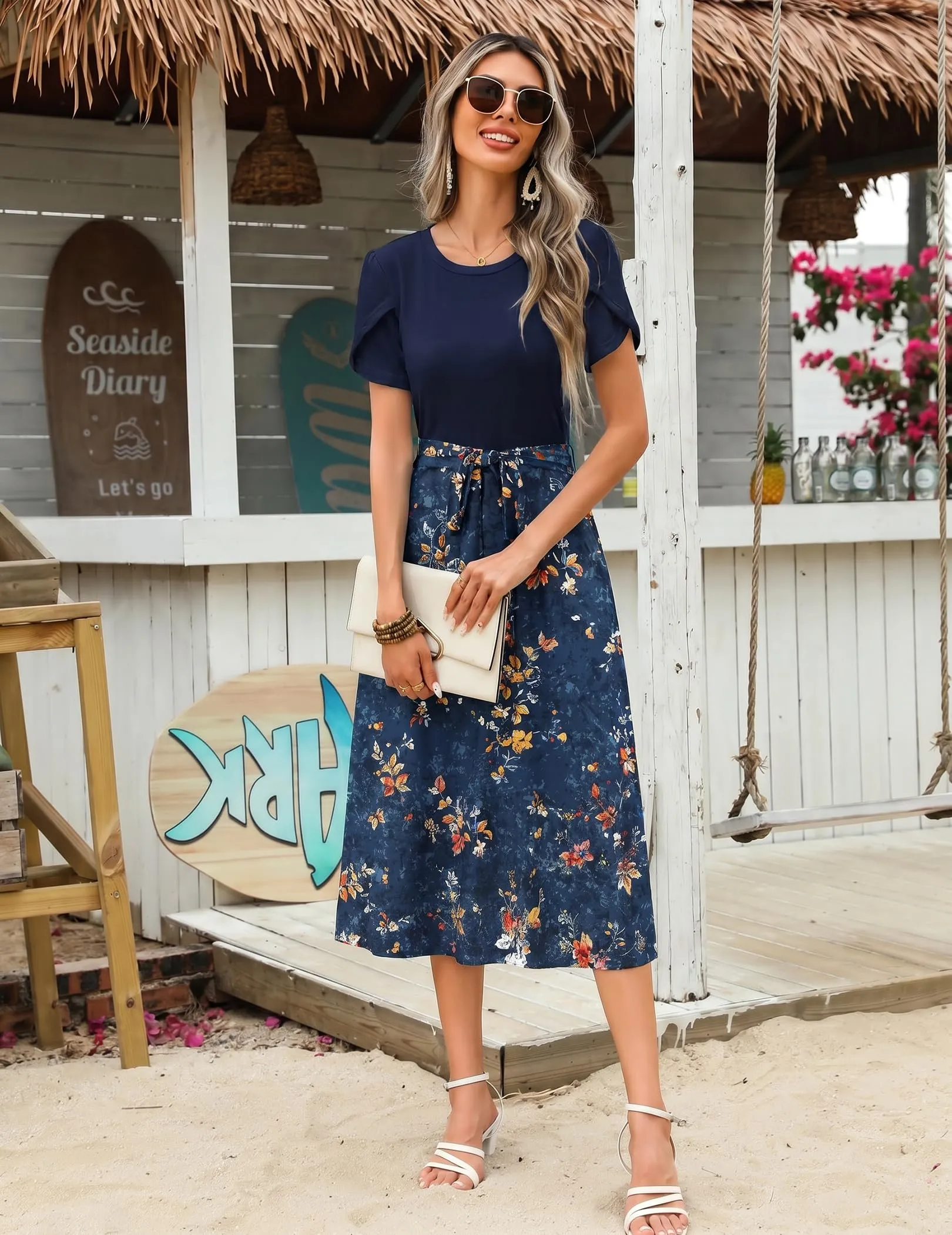 Zeagoo Abito Midi Estivo da Donna a Fiori con Scollo Rotondo e Maniche Corte - immagine 3
