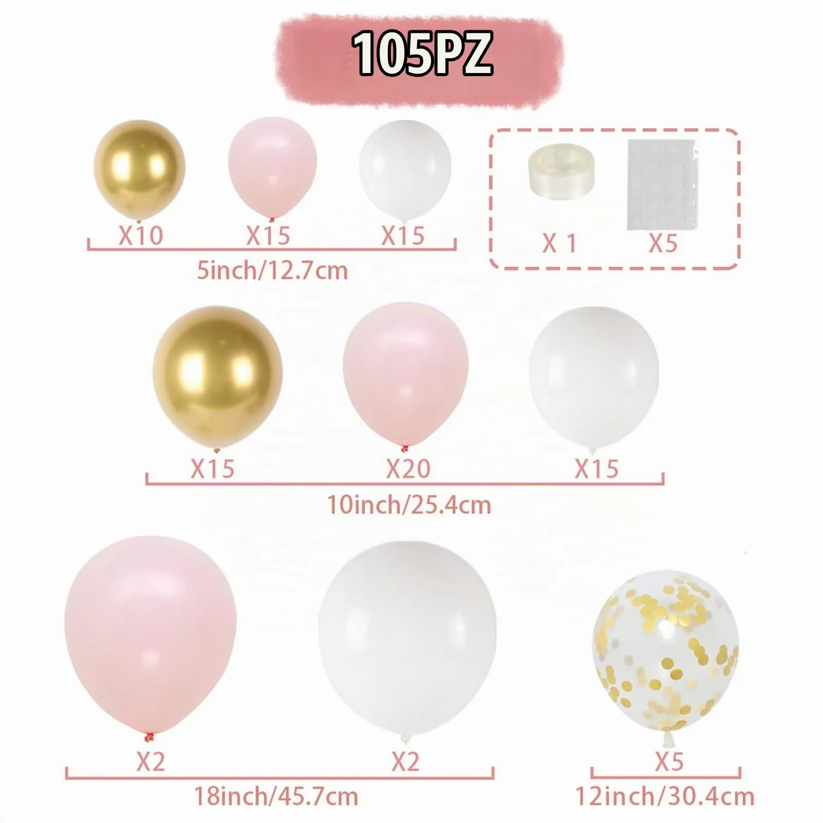 fairymaiden Kit Arco di Palloncini Rosa, Bianchi e Oro, 105 Pezzi - immagine 2