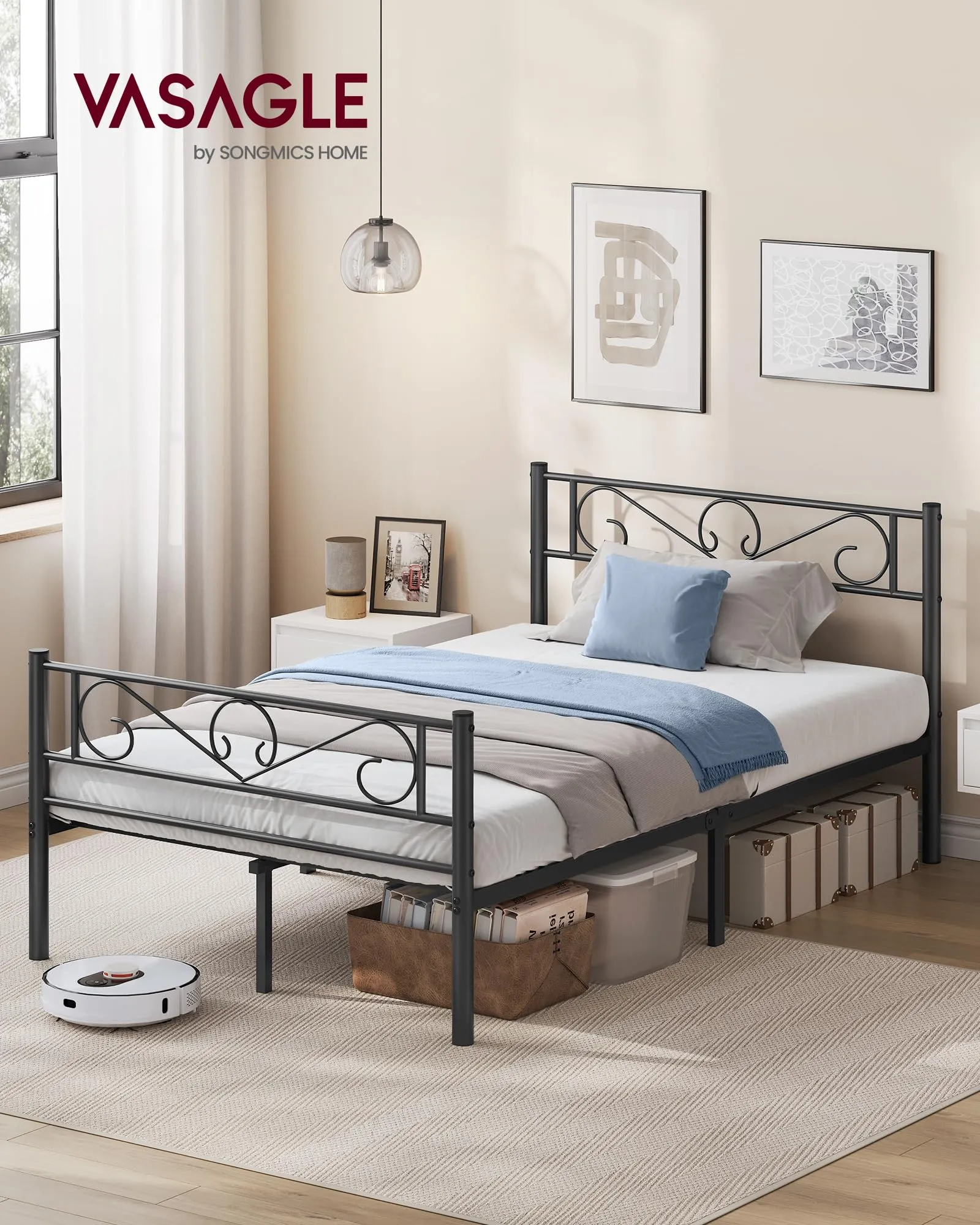 VASAGLE Struttura Letto Matrimoniale in Metallo con Doghe, 120 x 190 cm, Nero Inchiostro, RMB060B01 - immagine 2