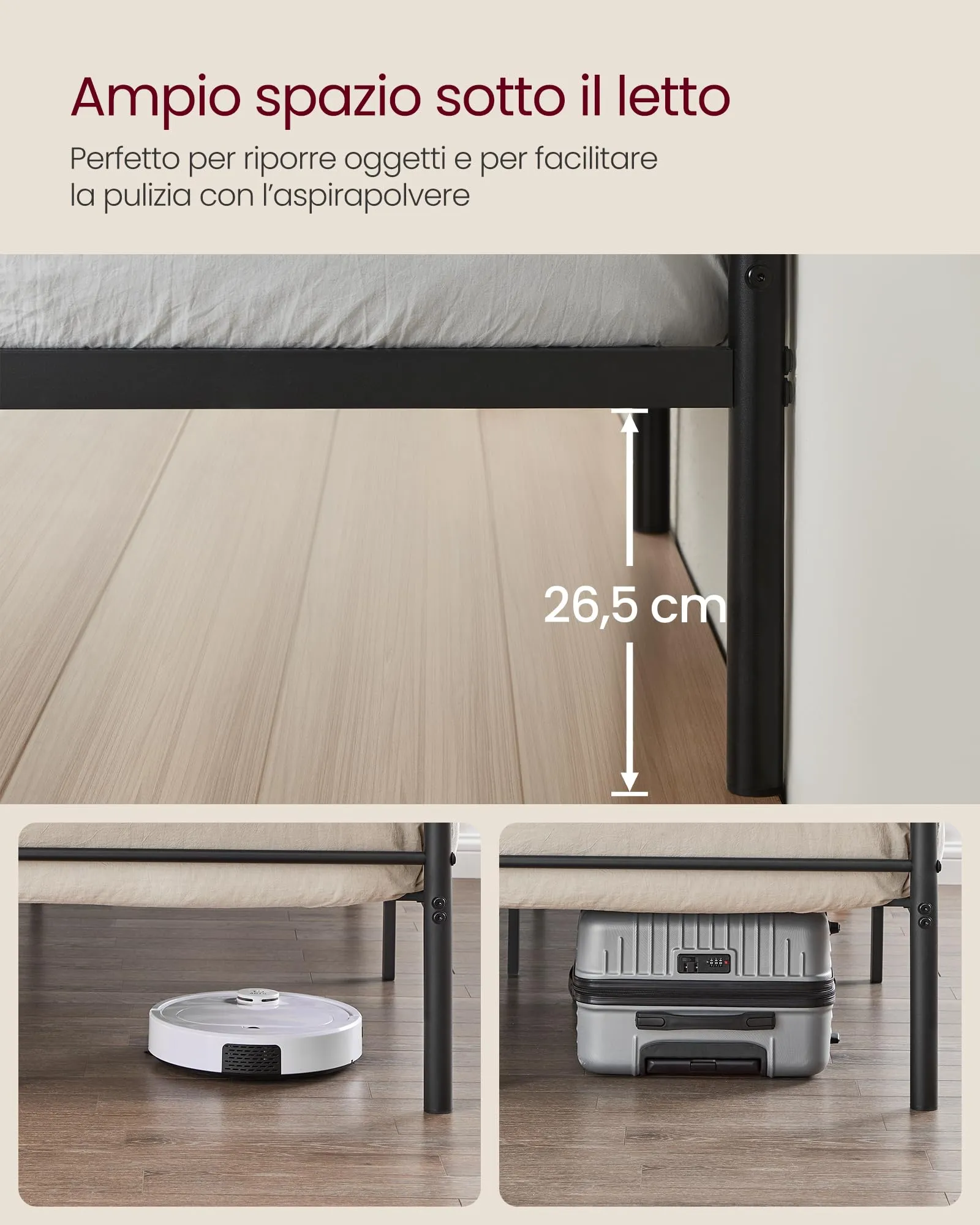 VASAGLE Struttura Letto Matrimoniale in Metallo con Doghe, 120 x 190 cm, Nero Inchiostro, RMB060B01 - immagine 4