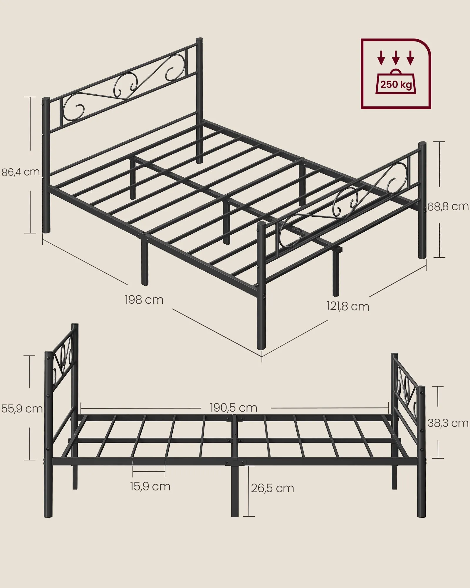 VASAGLE Struttura Letto Matrimoniale in Metallo con Doghe, 120 x 190 cm, Nero Inchiostro, RMB060B01 - immagine 5