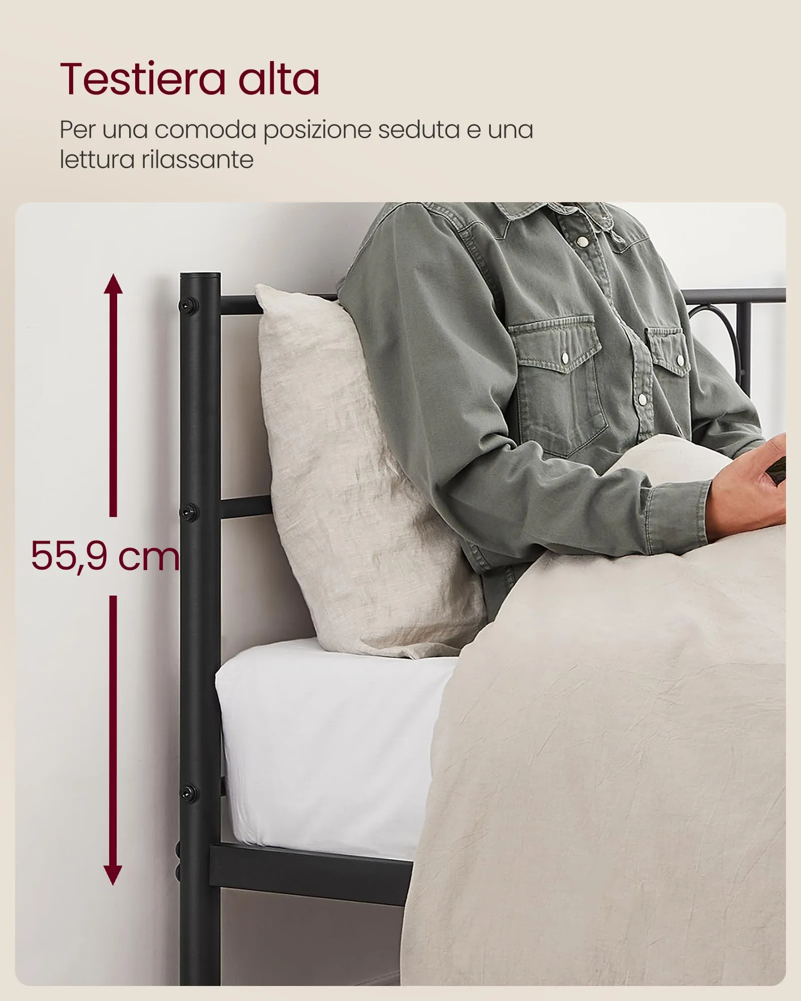 VASAGLE Struttura Letto Matrimoniale in Metallo con Doghe, 120 x 190 cm, Nero Inchiostro, RMB060B01 - immagine 6