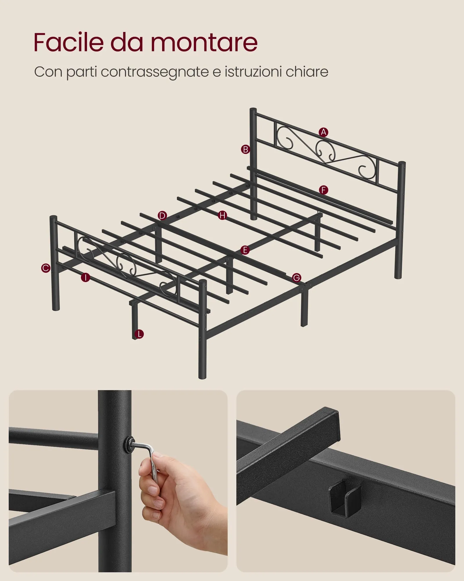 VASAGLE Struttura Letto Matrimoniale in Metallo con Doghe, 120 x 190 cm, Nero Inchiostro, RMB060B01 - immagine 8