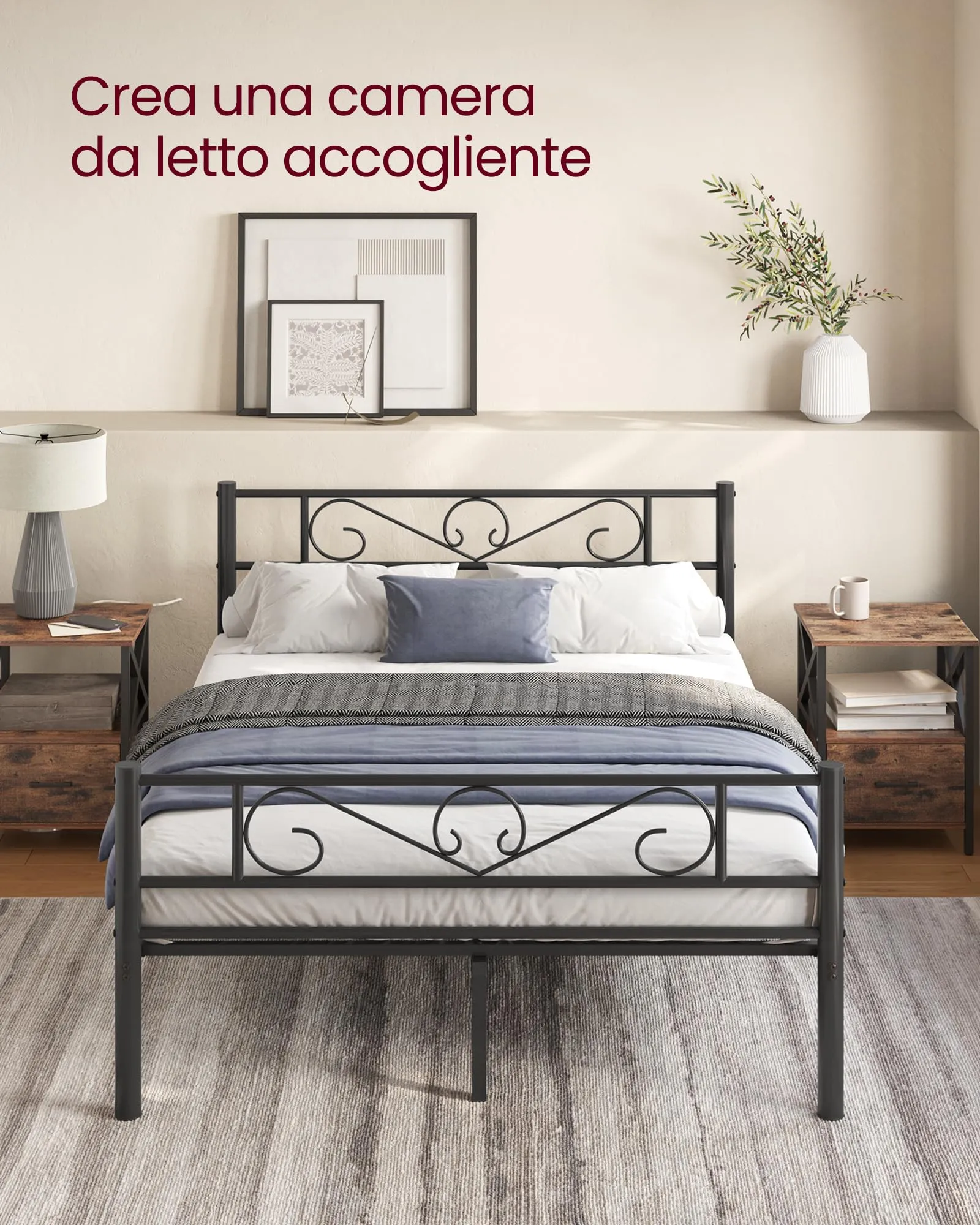 VASAGLE Struttura Letto Matrimoniale in Metallo con Doghe, 120 x 190 cm, Nero Inchiostro, RMB060B01 - immagine 9