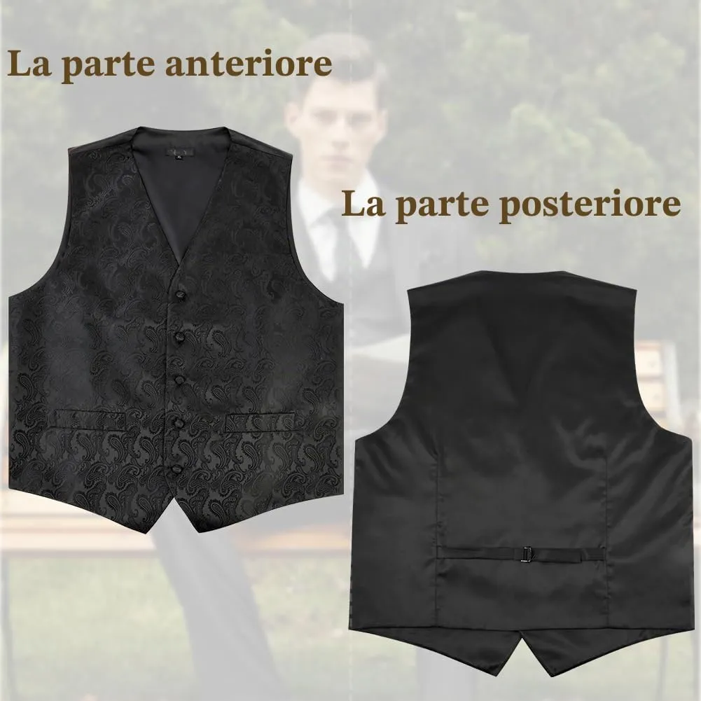 BSBUY Gilet Nero Classico da Uomo con Cravatta e Fazzoletto - immagine 5