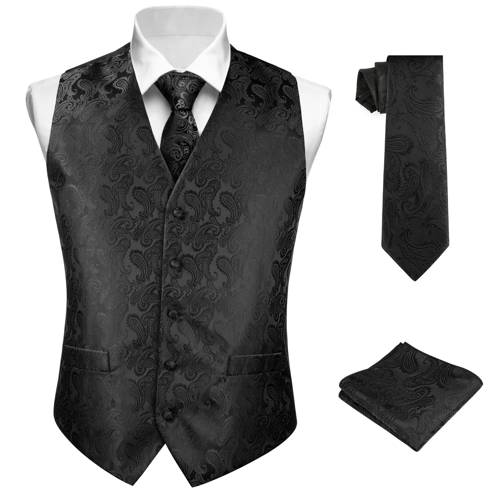 BSBUY Gilet da Abito da Uomo Nero con Cravatta e Fazzoletto, Set 3 Pezzi Formale Slim Fit - immagine 1