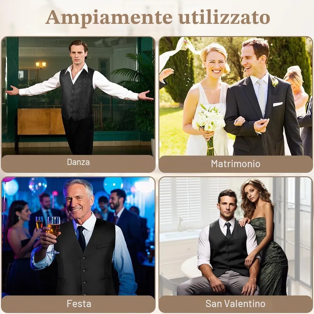 BSBUY Gilet da Abito da Uomo Nero con Cravatta e Fazzoletto, Set 3 Pezzi Formale Slim Fit - immagine 7
