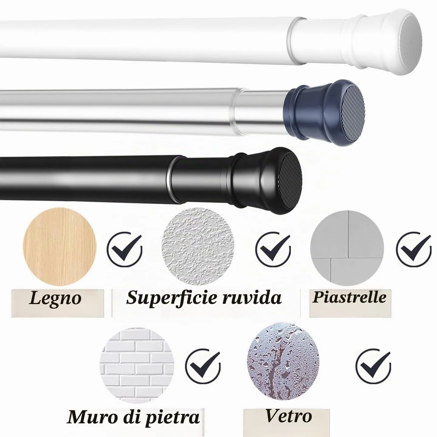 Rod&Trikin Asta per Tende a Pressione Telescopica per Finestre e Docce, Nero, 67-90cm - immagine 5