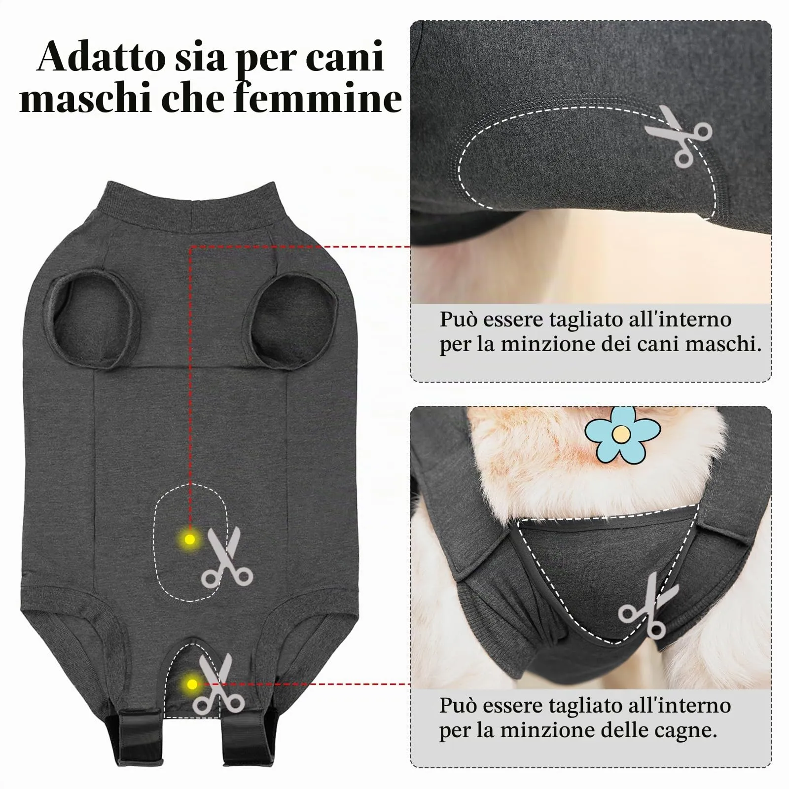 Cyponpy Body Post Operatorio per Cani Maschio e Femmina, Tuta di Recupero Post Sterilizzazione, Taglia M, Grigio - immagine 3