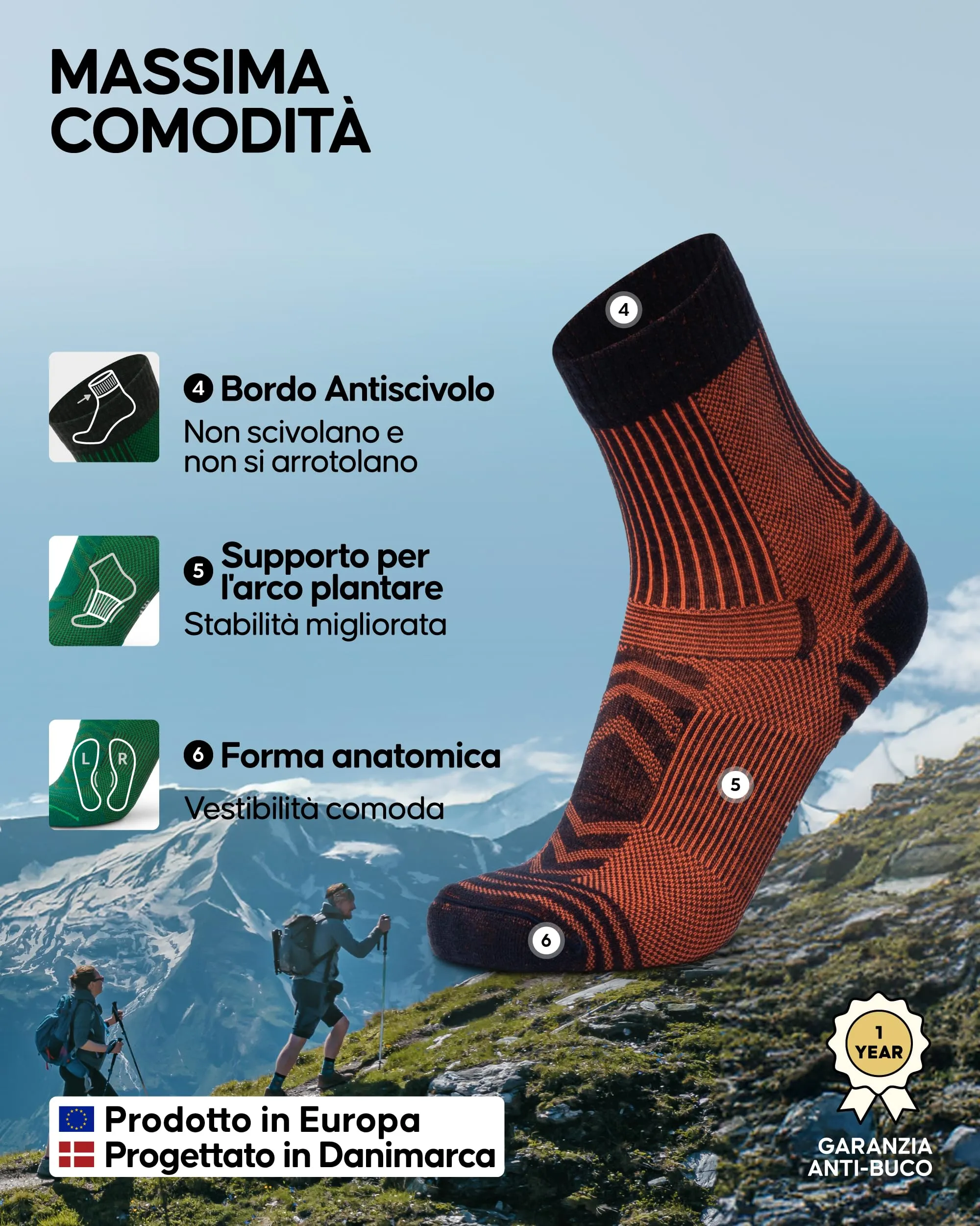 Danish Endurance Calze Trekking Leggere in Lana Merino, 3 Paia, Multicolore, 35-38 - immagine 3