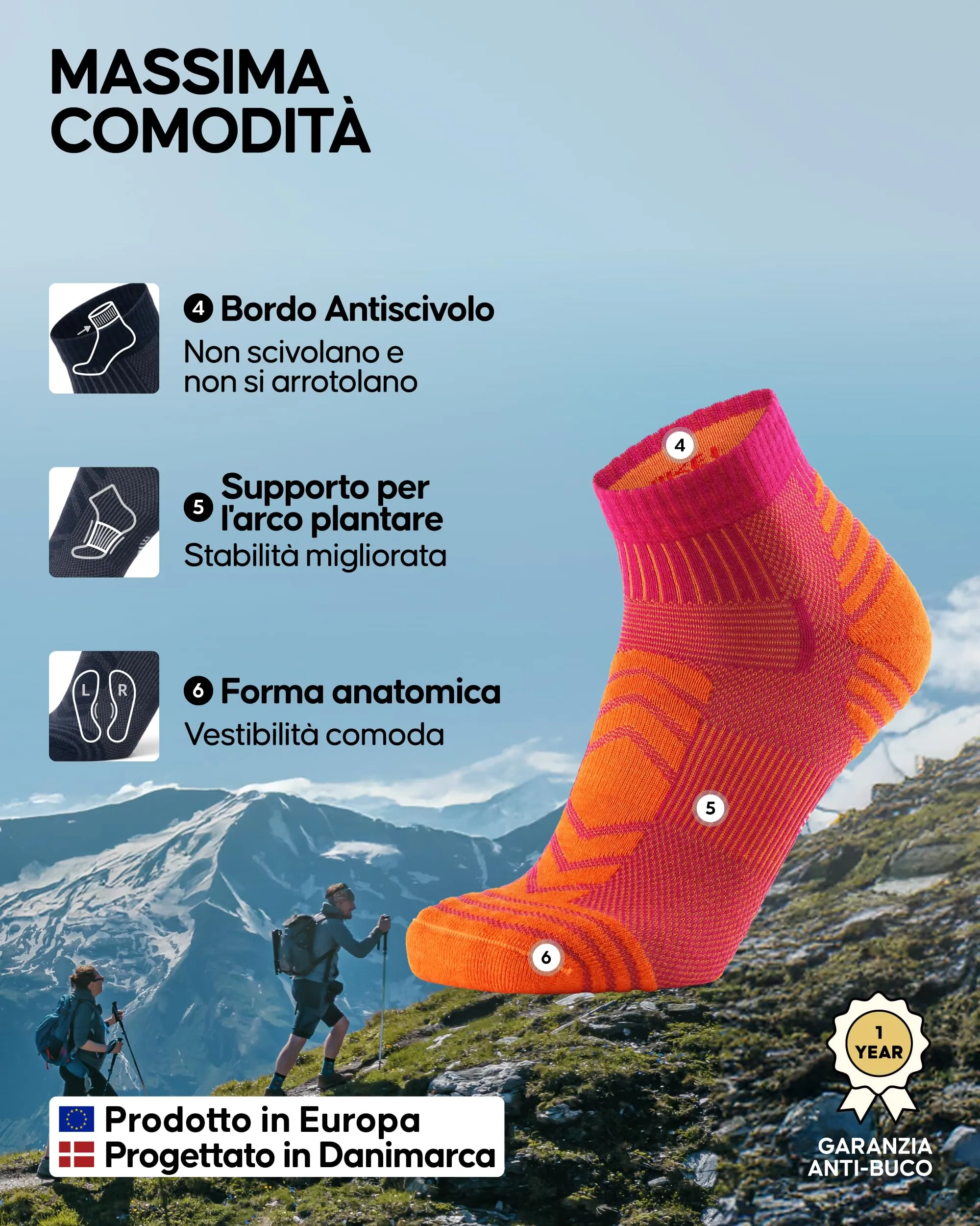 Danish Endurance Calze Trekking Corte Merino, 3 Paia, Multicolore, 43-47 - immagine 3