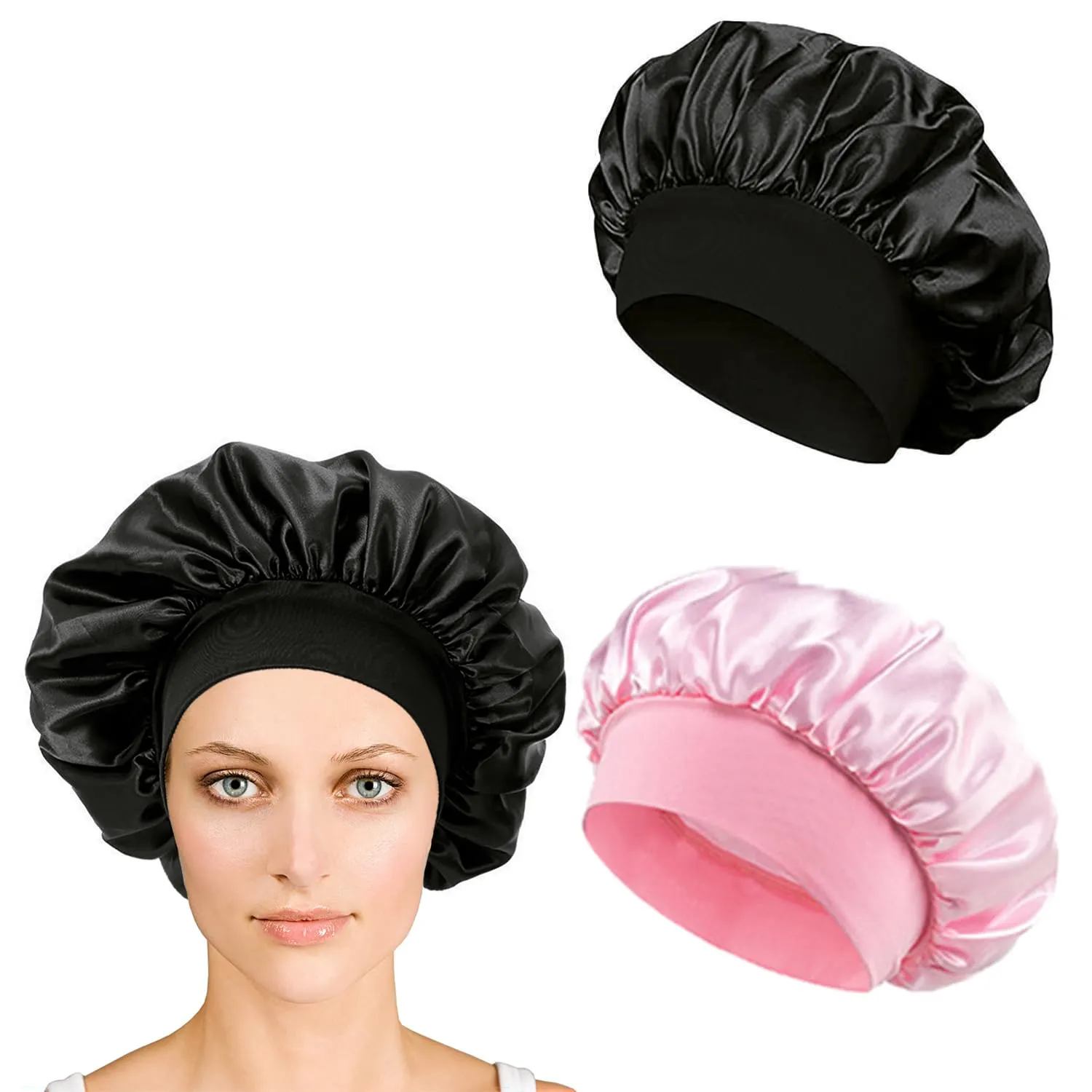iLamvie Cuffia in Seta per Capelli Ricci, Berretto da Notte in Raso Elastico per Donna (Rosa+Nero), 2 Pezzi - immagine 1