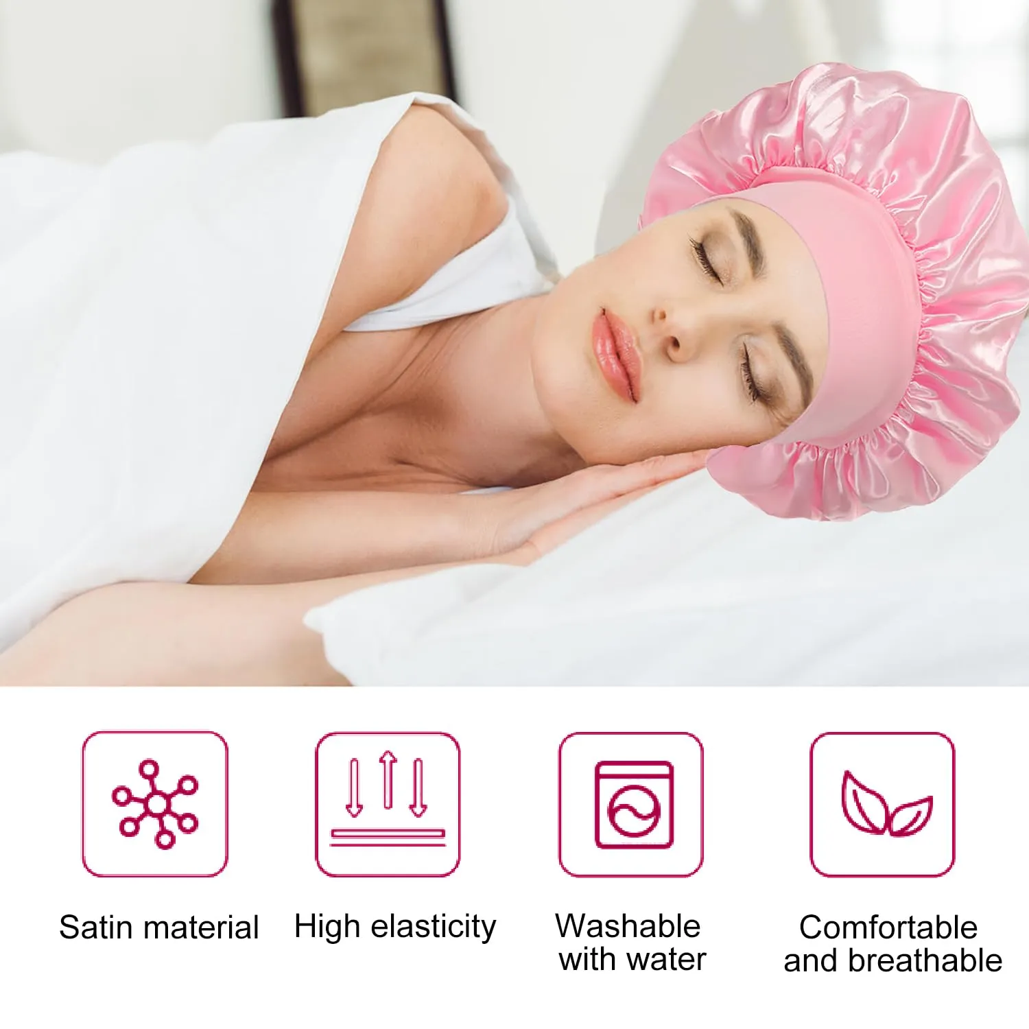 iLamvie Cuffia in Seta per Capelli Ricci, Berretto da Notte in Raso Elastico per Donna (Rosa+Nero), 2 Pezzi - immagine 2