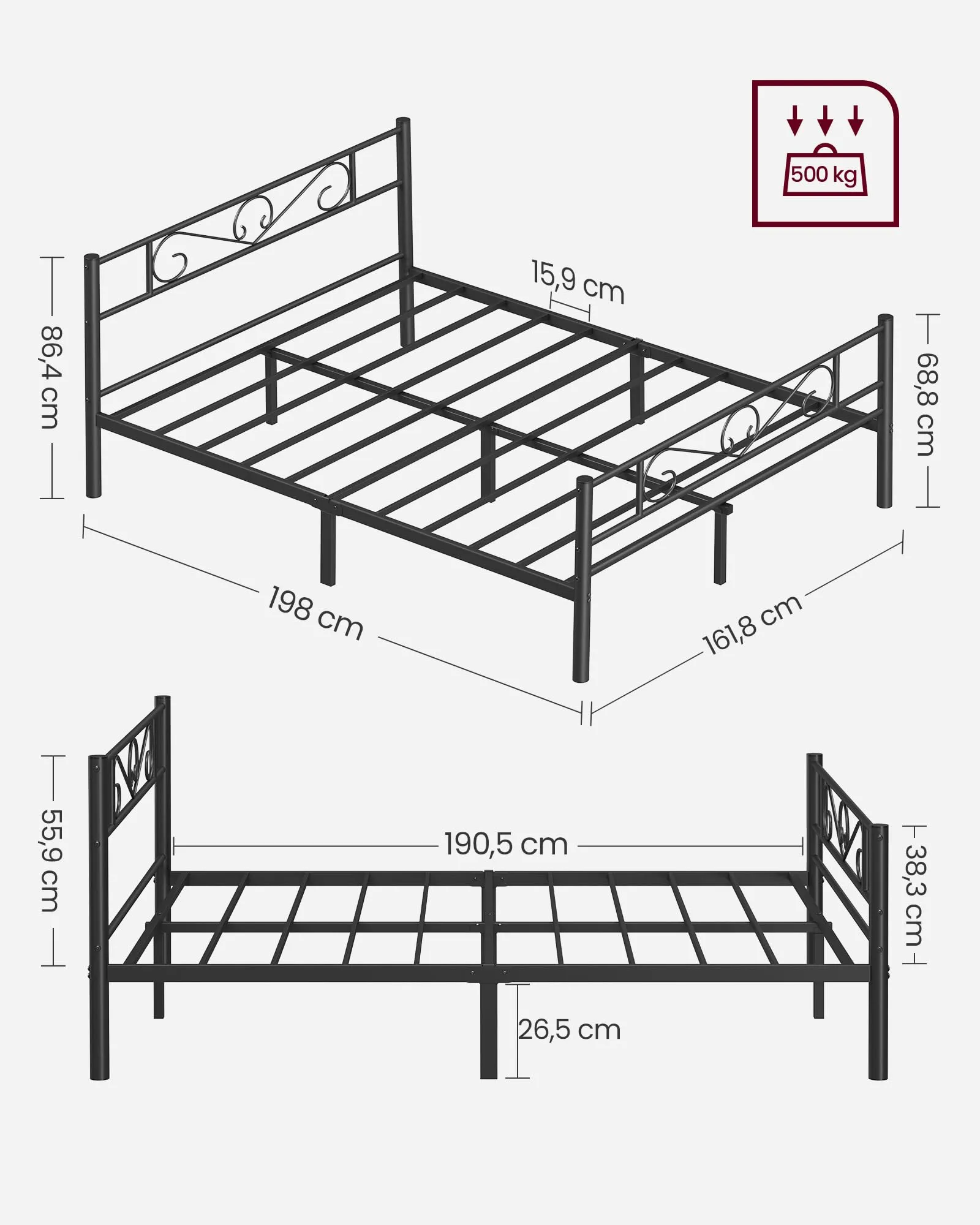 VASAGLE Struttura Letto Matrimoniale in Metallo 160 x 190 cm, Nero Inchiostro RMB069B01 - immagine 2