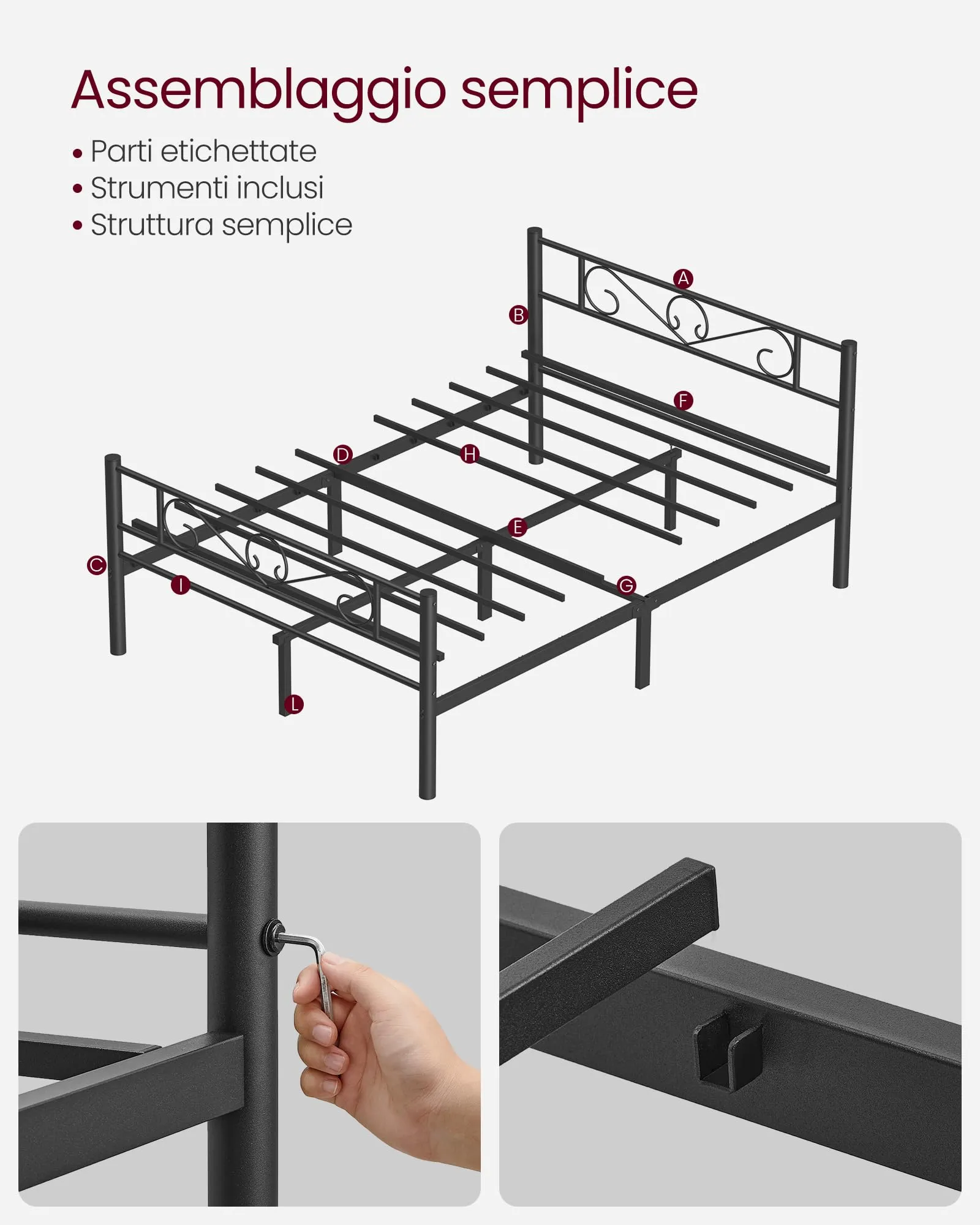 VASAGLE Struttura Letto Matrimoniale in Metallo 160 x 190 cm, Nero Inchiostro RMB069B01 - immagine 8