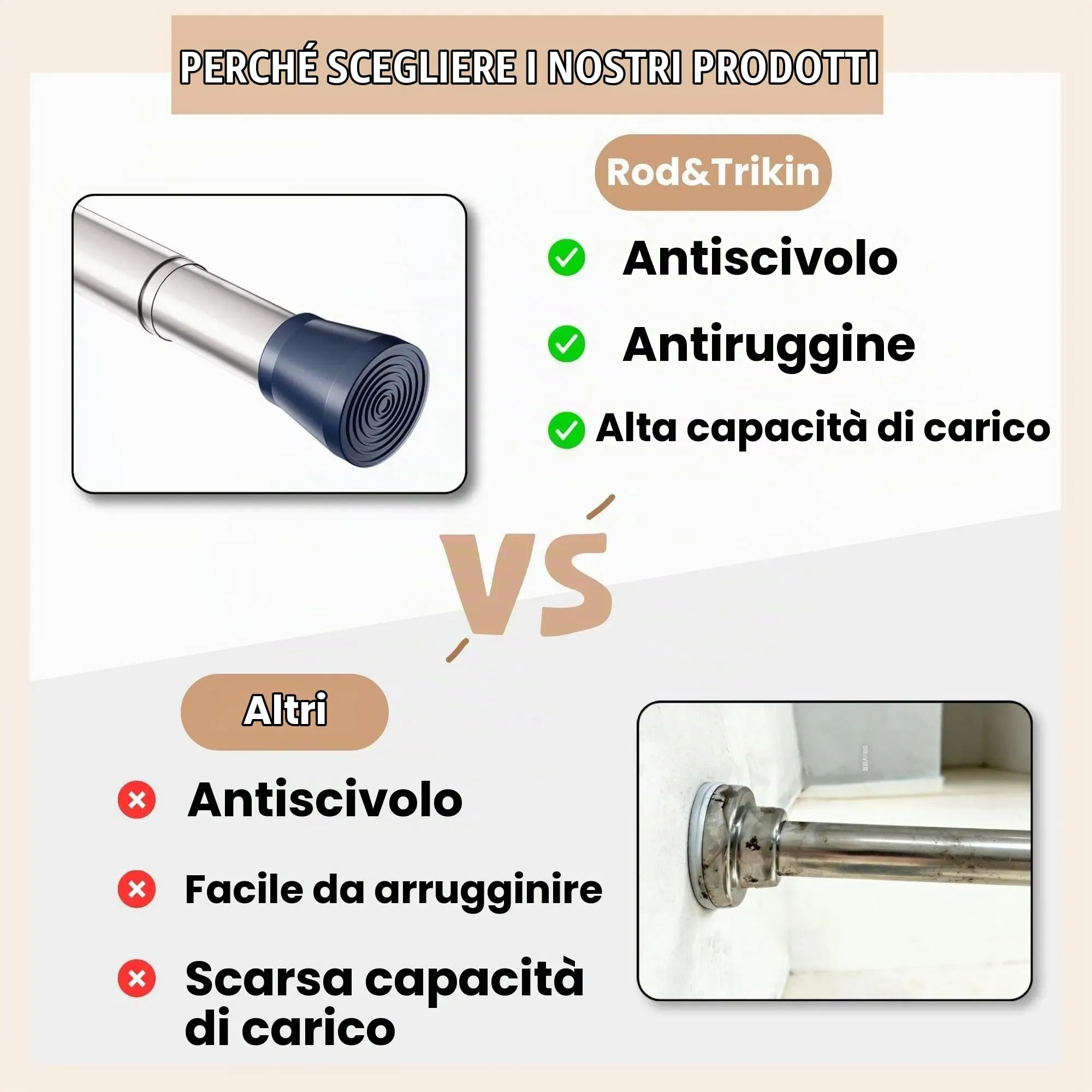 Rod&Trikin Bastone Tenda a Pressione Estensibile per Bagno, Bianco, 67-90cm - immagine 4