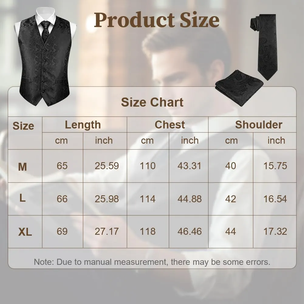 BSBUY Gilet Formale da Uomo Nero con Cravatta e Fazzoletto, Set 3 Pezzi Slim Fit Scollo a V - immagine 3