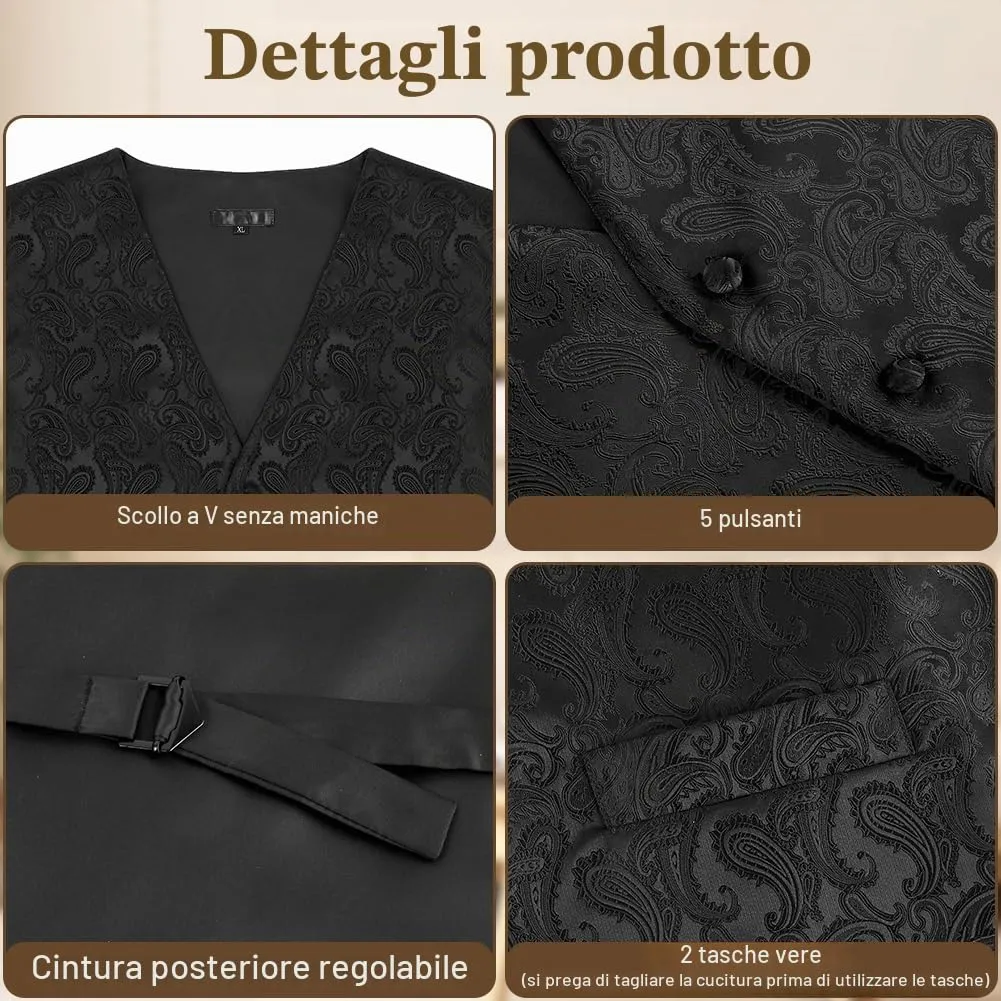 BSBUY Gilet Formale da Uomo Nero con Cravatta e Fazzoletto, Set 3 Pezzi Slim Fit Scollo a V - immagine 4