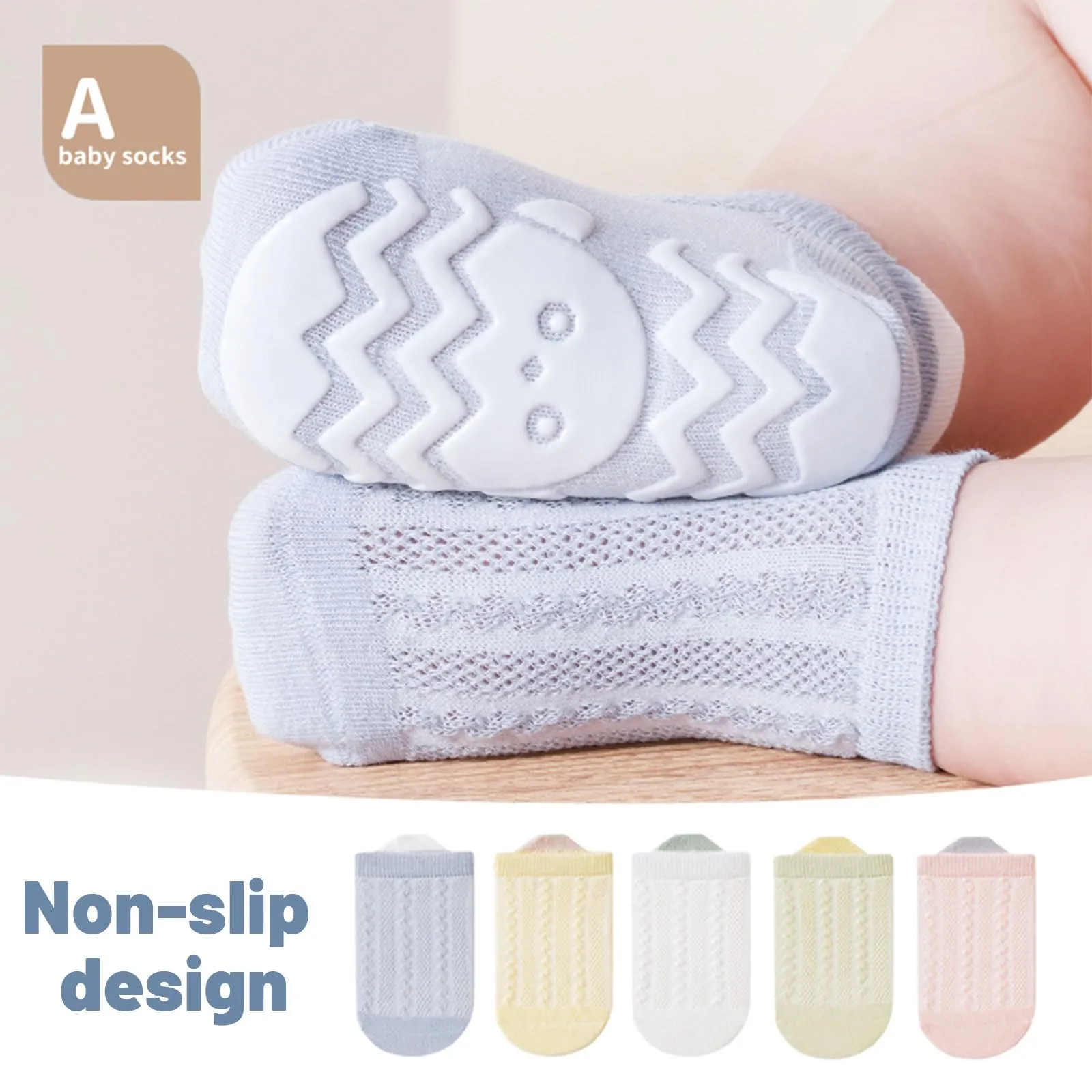QIYIENDIAN Calzini a rete Antiscivolo in Cotone per Bambini, 5 Paia, Multicolor, 0-12M - immagine 2