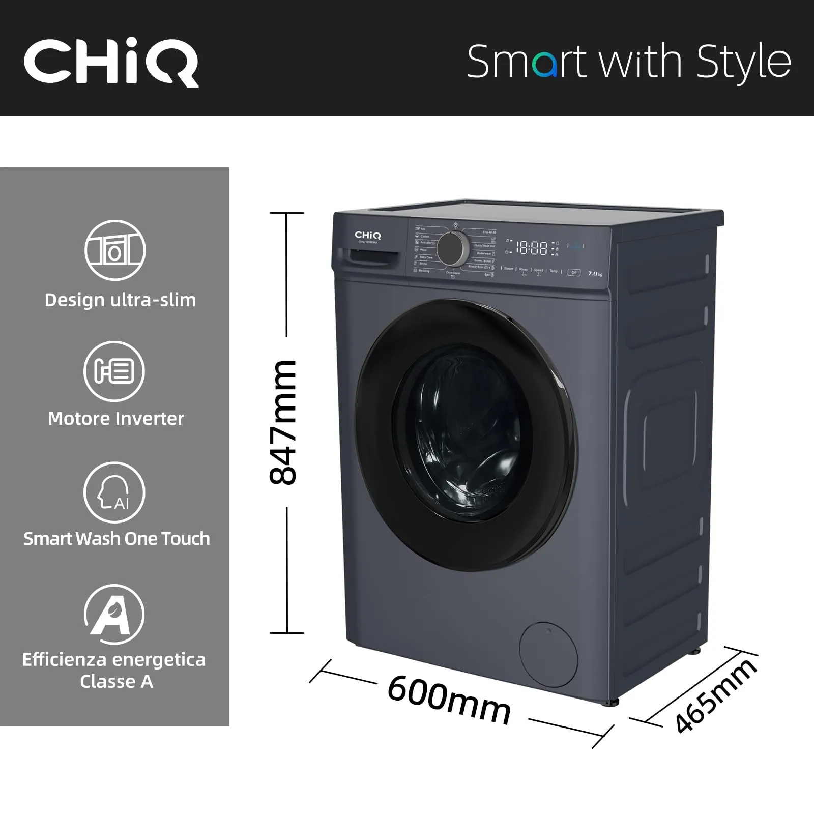 CHiQ Lavatrice Slim 7kg Classe A Grigio (CW07123863AX) - immagine 2