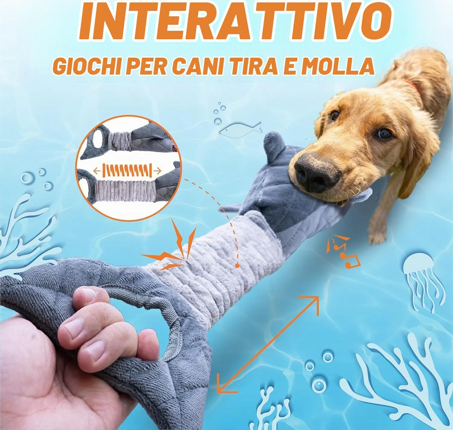 LEGEND SANDY Giocattolo per cani di taglia grande Squalo grigio, interattivo con suono cigolante e carta increspata per tiro alla fune e masticazione - immagine 7