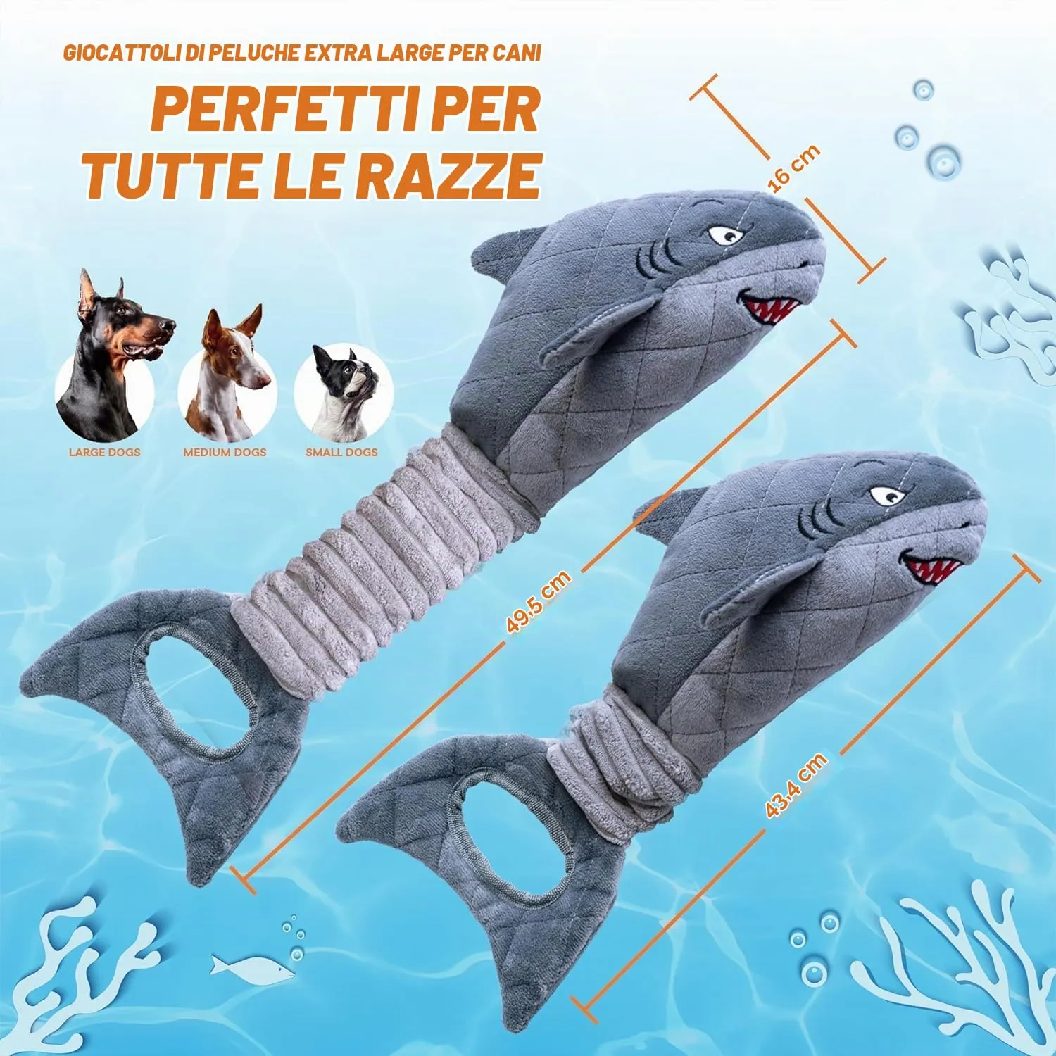 LEGEND SANDY Giocattolo per cani di taglia grande Squalo grigio, interattivo con suono cigolante e carta increspata per tiro alla fune e masticazione - immagine 8