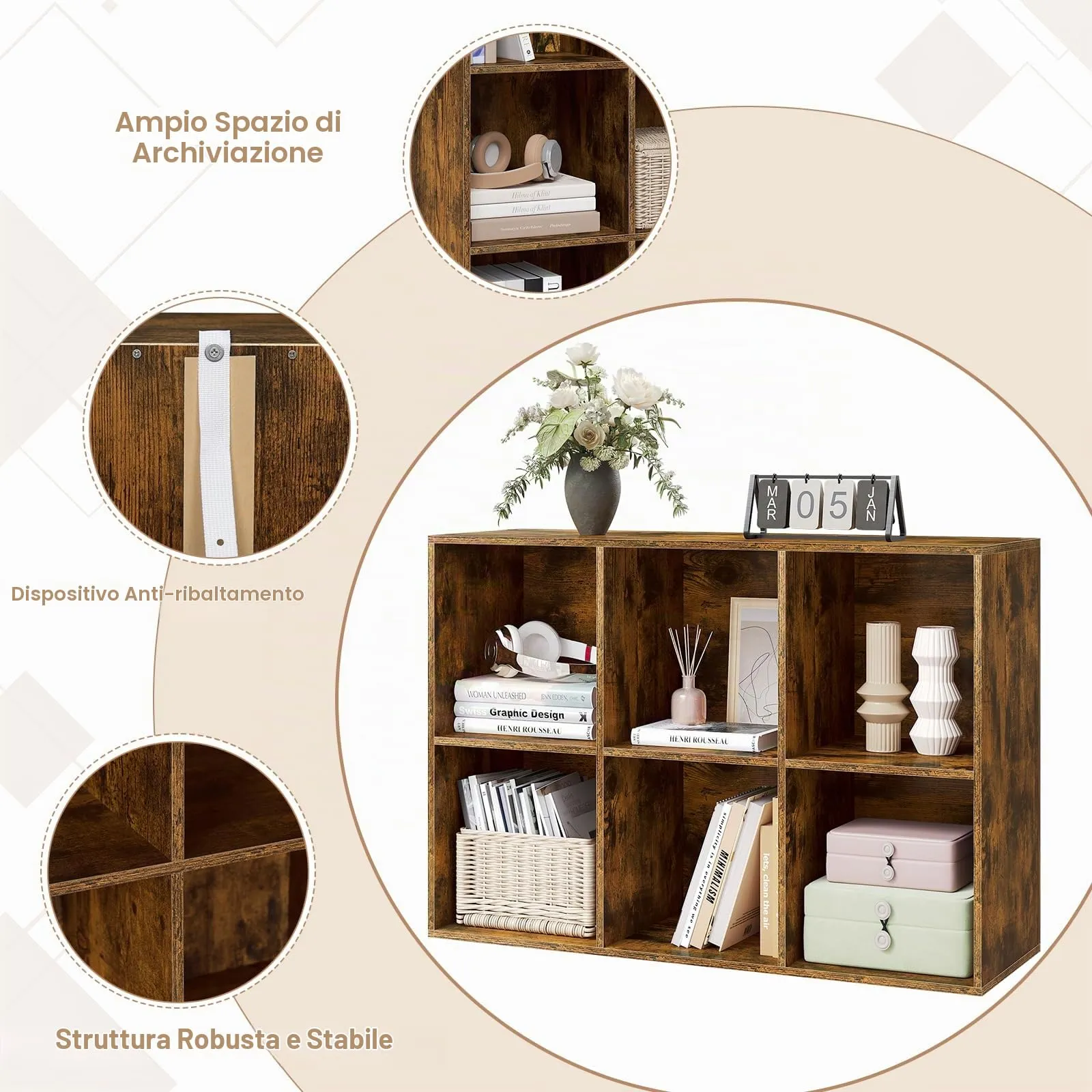 WOLTU Libreria con 6 Cubi, Scaffale Verticale, Marrone Rustico - immagine 6
