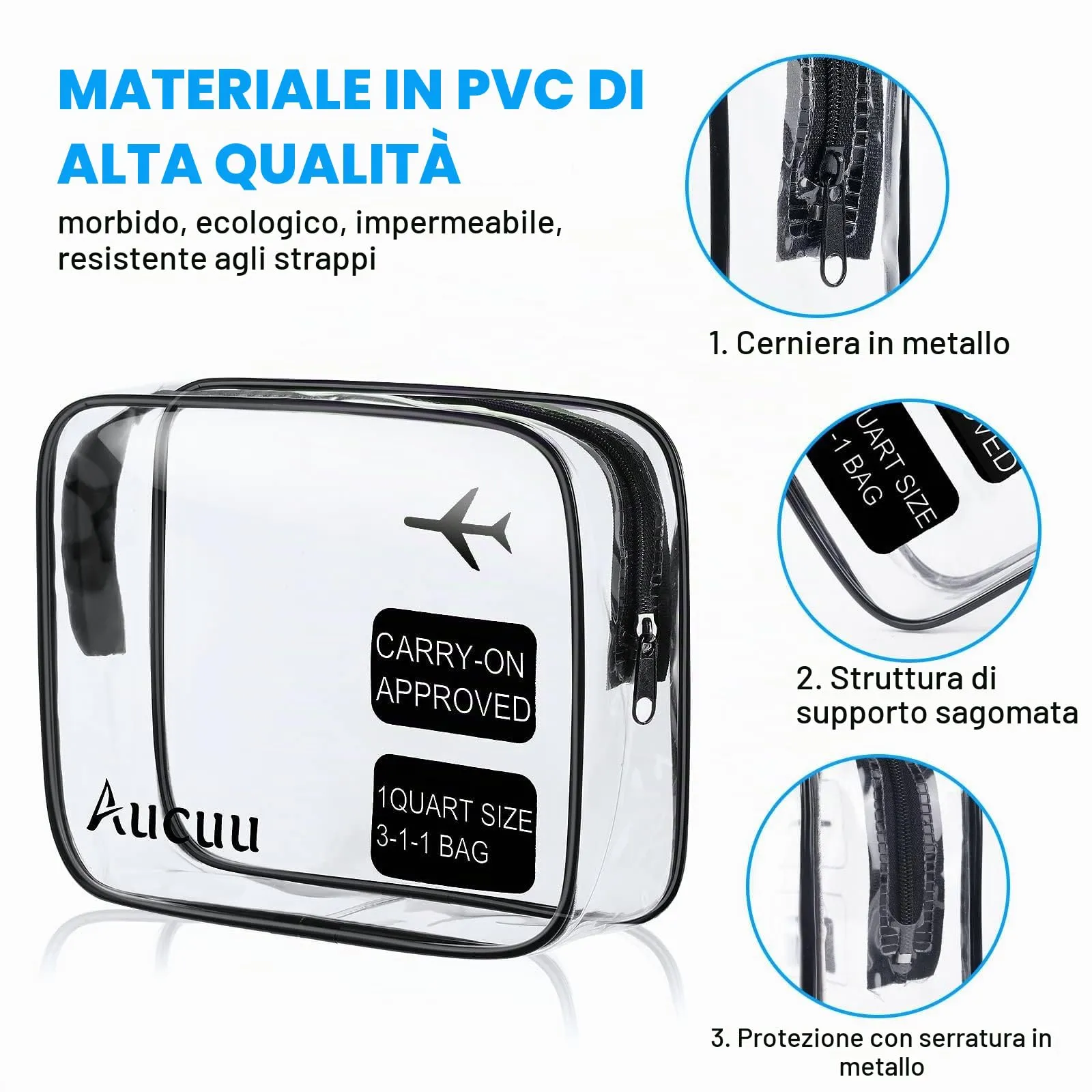 Aucuu Beauty Case Trasparente, Set 3 Borse da Toilette, Nero - immagine 3