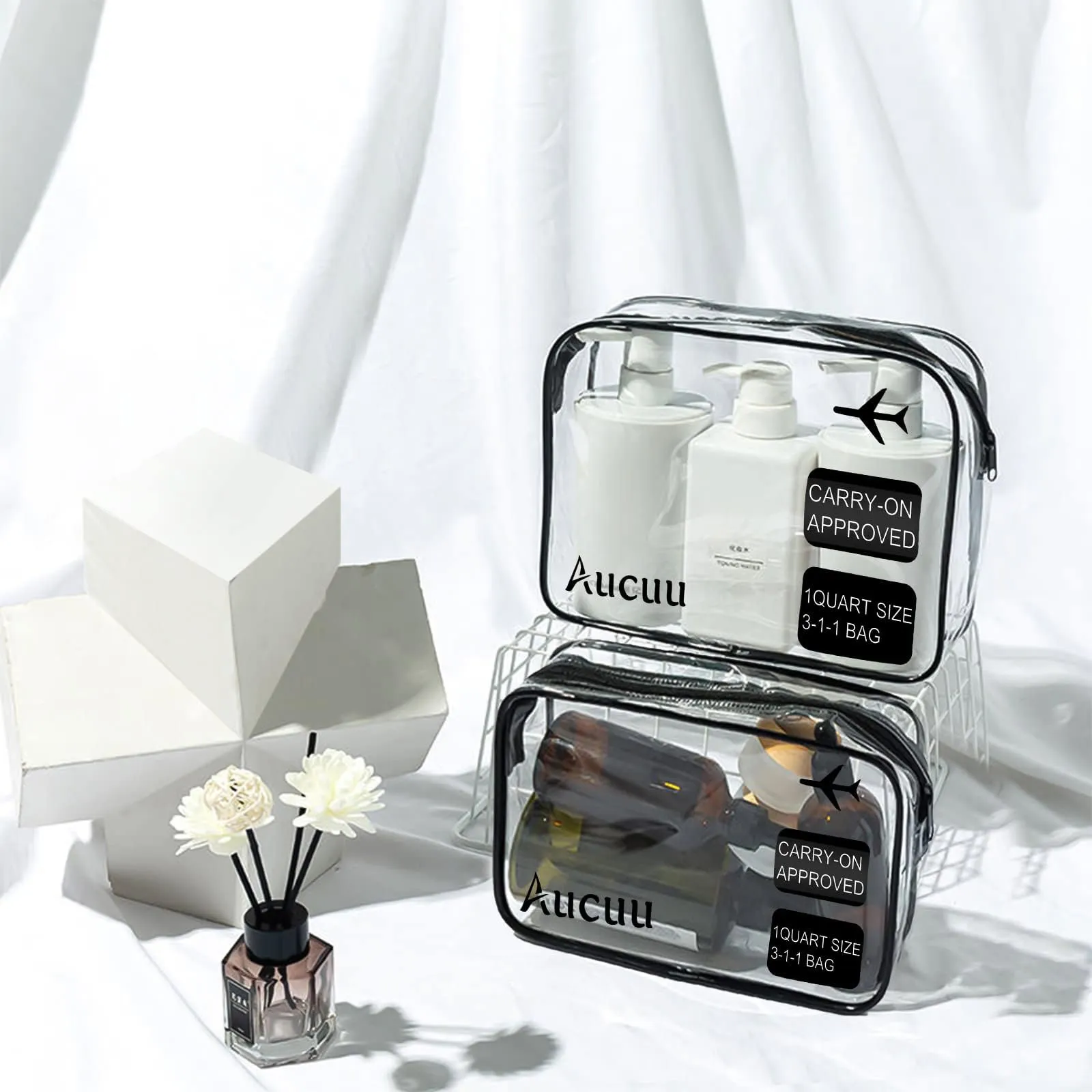Aucuu Beauty Case Trasparente, Set 3 Borse da Toilette, Nero - immagine 5