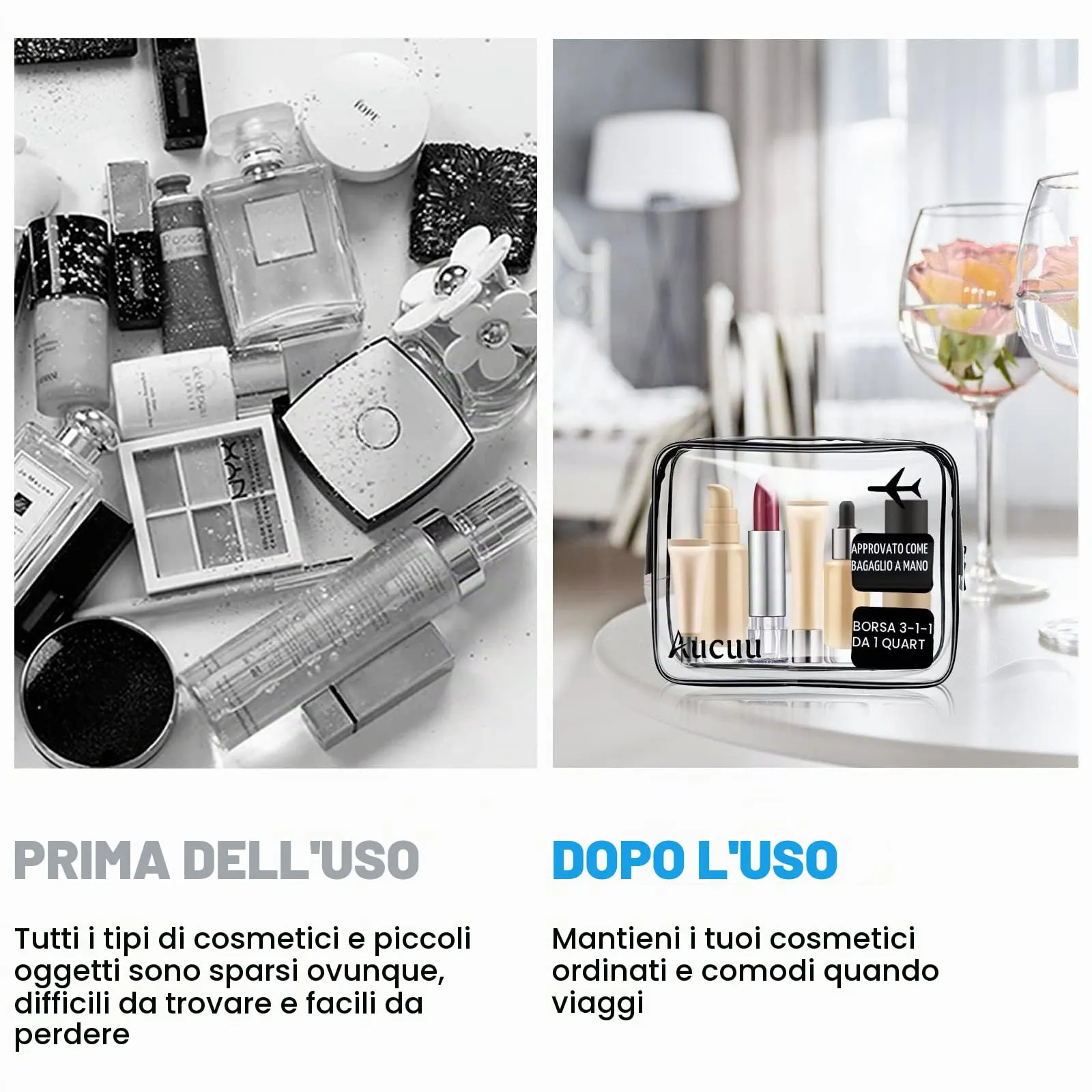 Aucuu Beauty Case Trasparente, Set 3 Borse da Toilette, Nero - immagine 6