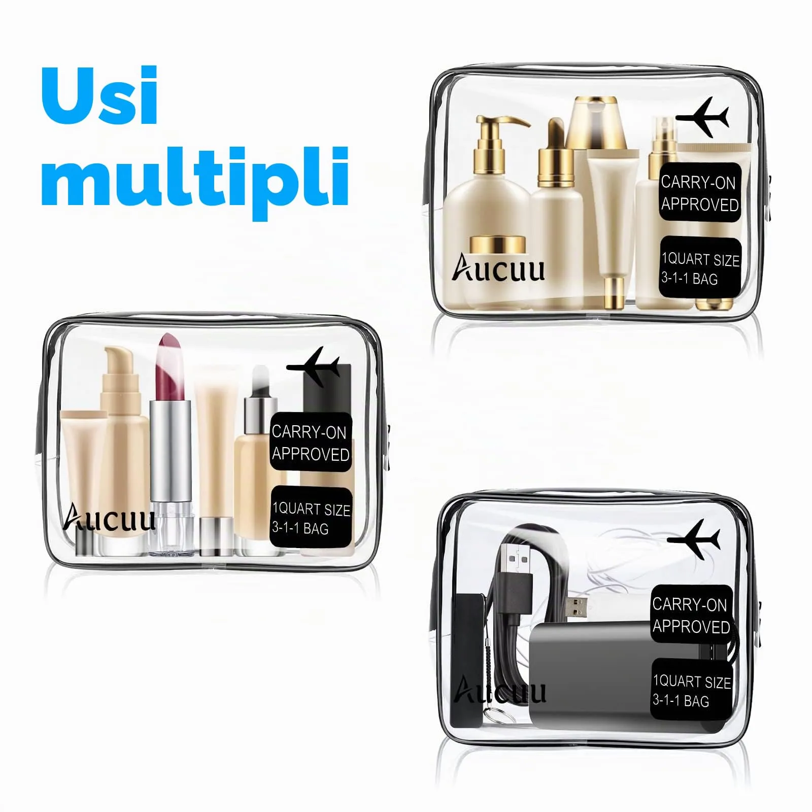 Aucuu Beauty Case Trasparente, Set 3 Borse da Toilette, Nero - immagine 9