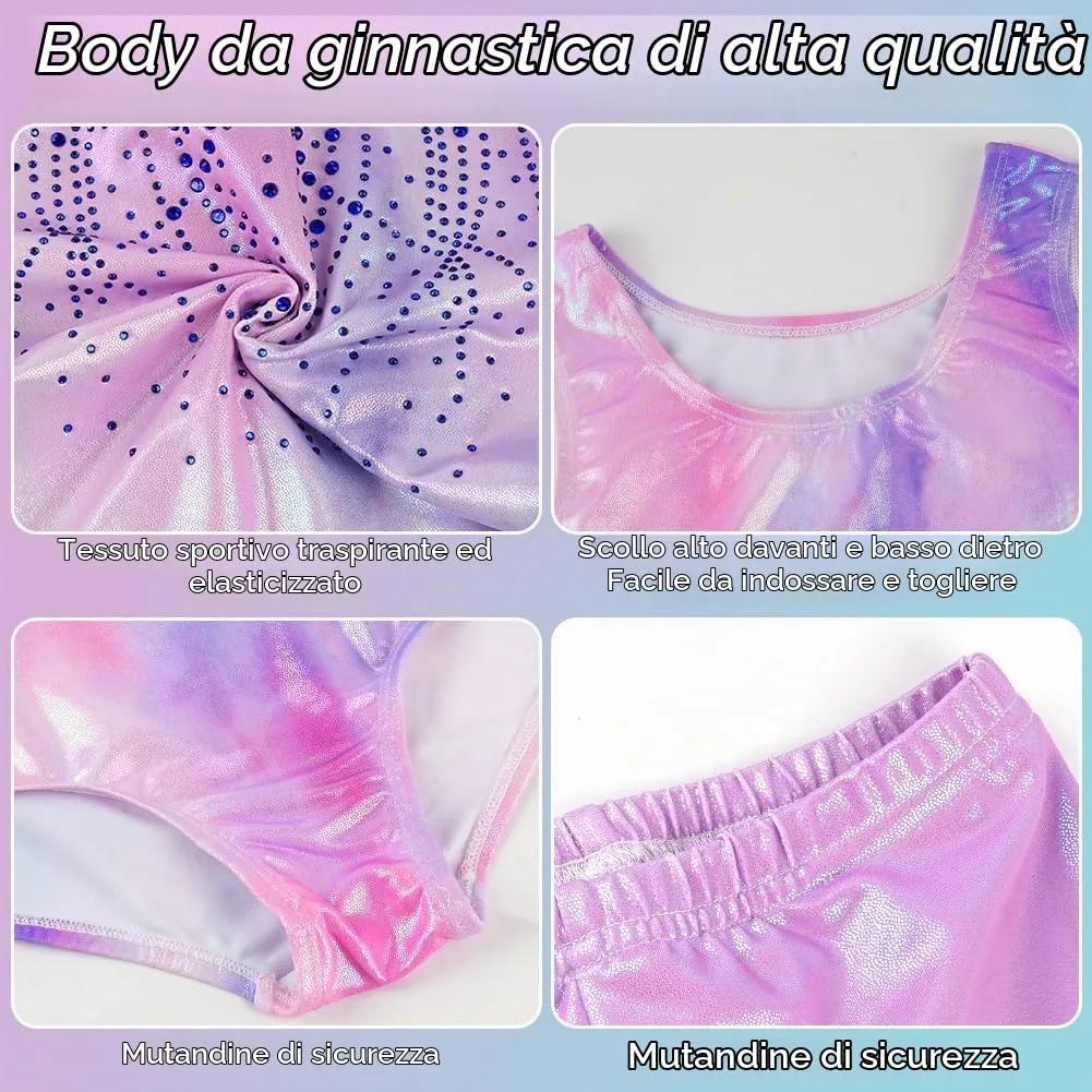 AOOWU Body da Ginnastica per Ragazze con Pantaloncini e Fascia, Colore Sfumato, 5-8 Anni - immagine 3
