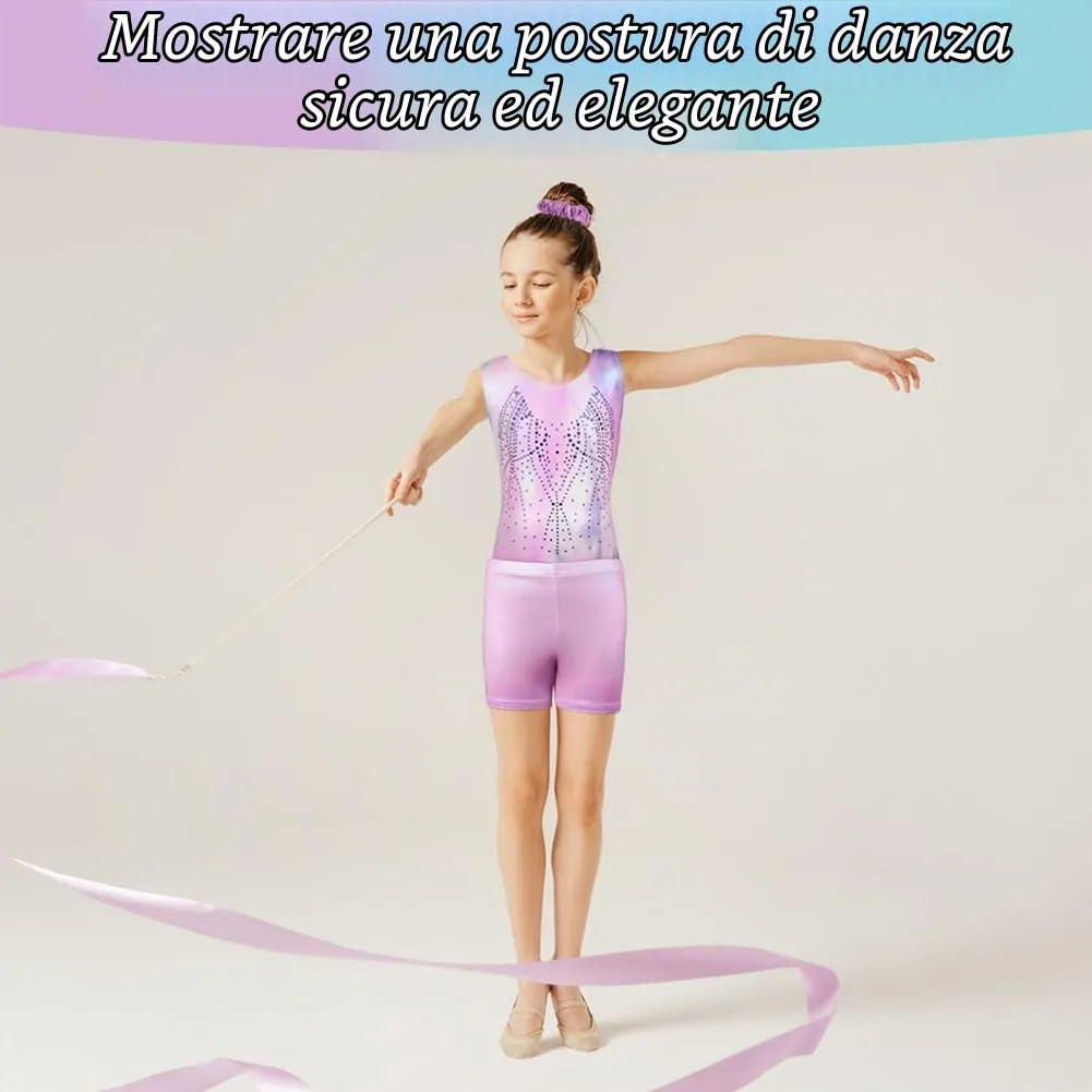 AOOWU Body da Ginnastica per Ragazze con Pantaloncini e Fascia, Colore Sfumato, 5-8 Anni - immagine 5