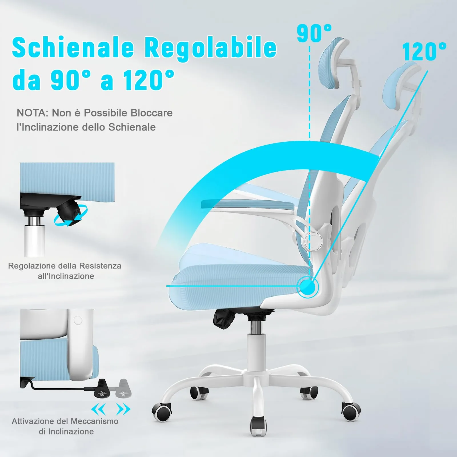 Rattantree Sedia da Ufficio Ergonomica con Poggiatesta Regolabile, Blu - immagine 3