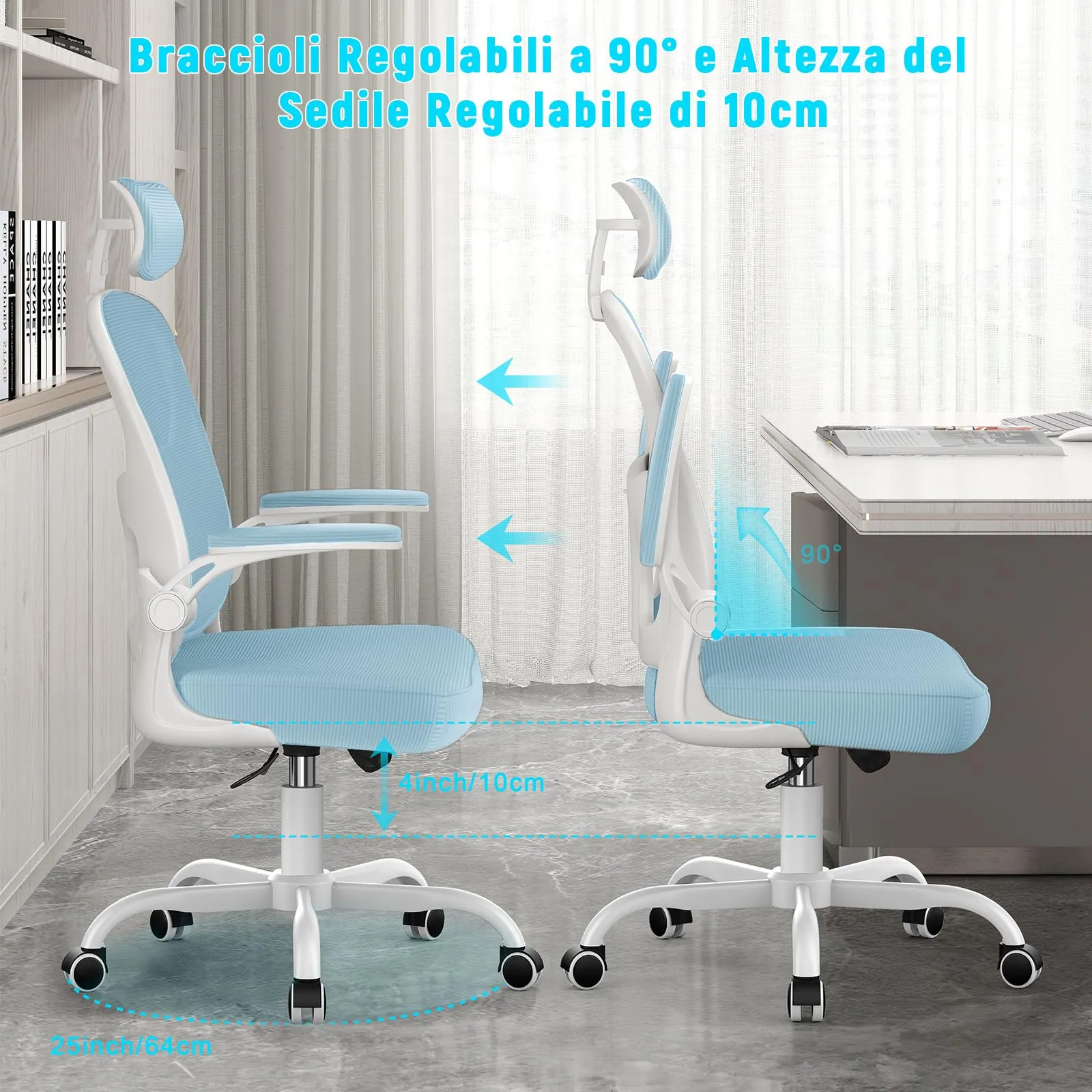 Rattantree Sedia da Ufficio Ergonomica con Poggiatesta Regolabile, Blu - immagine 4